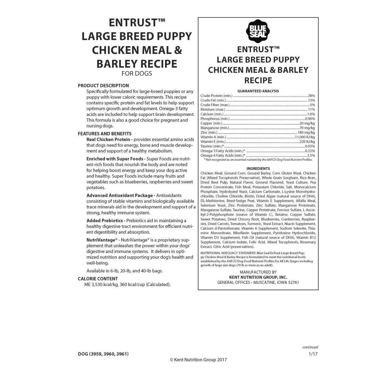 Entrust Large Breed Puppy Chicken Meal & Barley Recipe