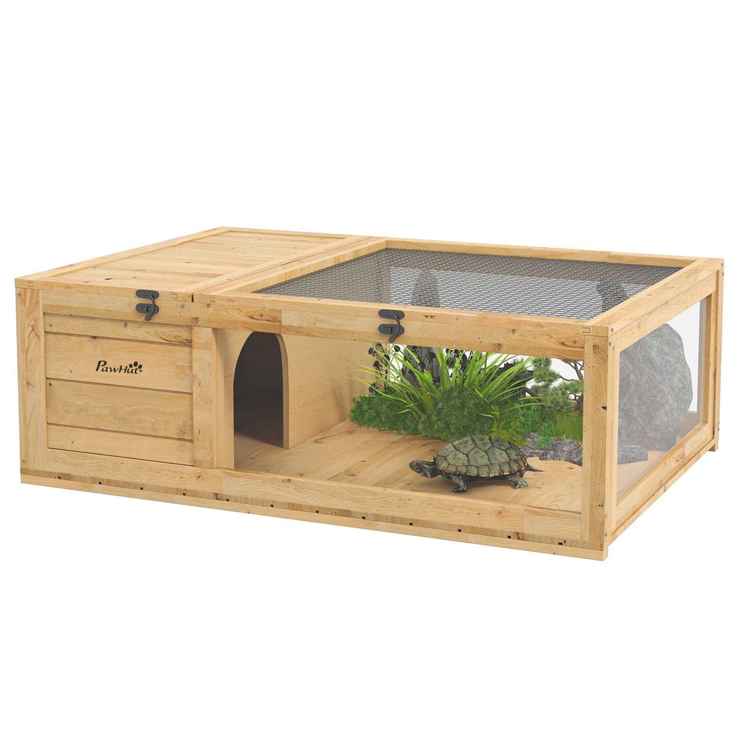 PawHut Wooden Tortoise House Turtle Habitat Enclosure Outdoor Reptile Cage