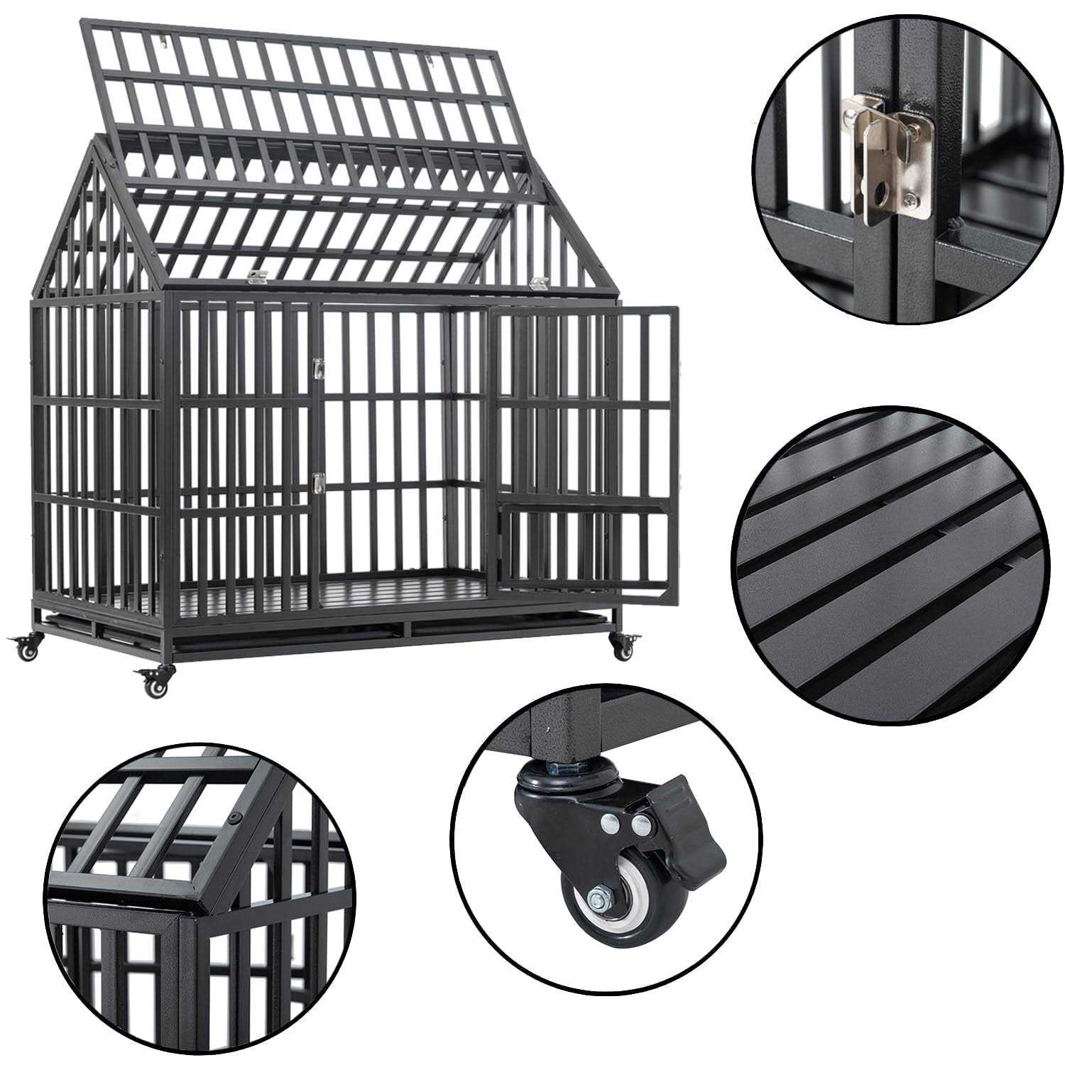 JINTANGLI Pet Heavy Duty Dog Crate for Large Medium Dogs, Metal Pet Cage Kennel Crate Roof Strong Playpen with Sturdy Latches and 4 Lockable Wheels