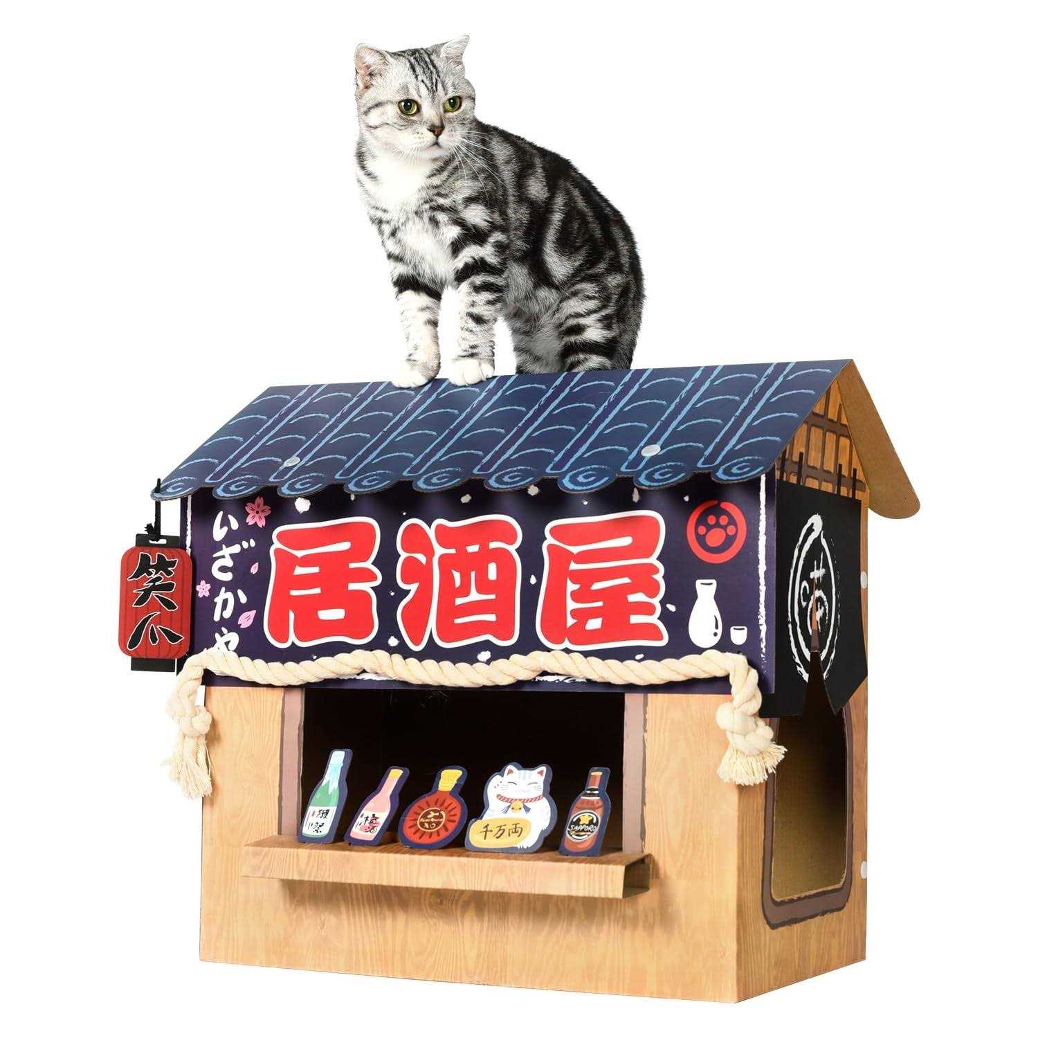 SMILE PAWS Large Sturdy Cardboard Cat House with Scratcher Cat condo Bed