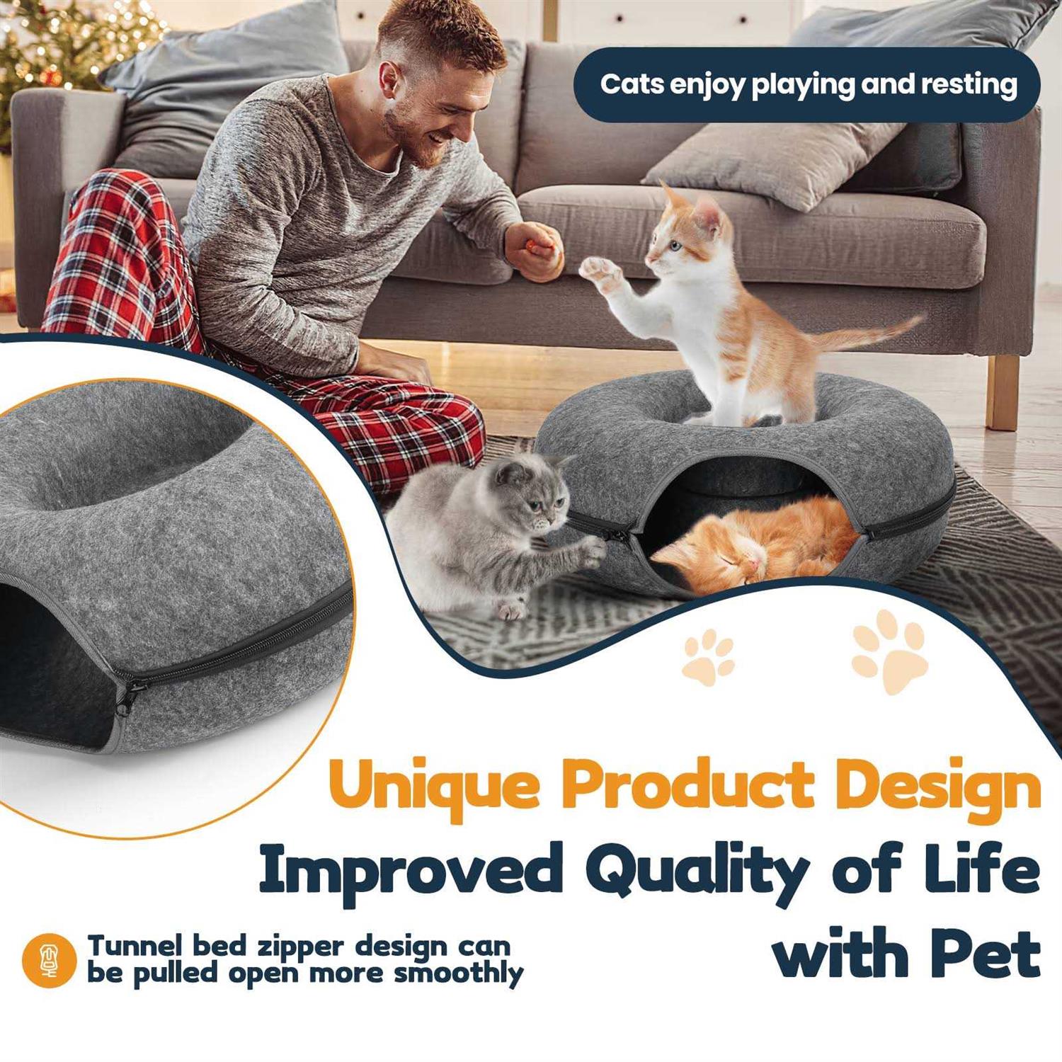 HOMAGICO Cat Tunnel Bed,Peekaboo Cat Cave with Pet Blanket,Detachable Donut Tunnels for Indoor Cats,Cat Tunnel Toy,Felt Round Cat Bed Suitable