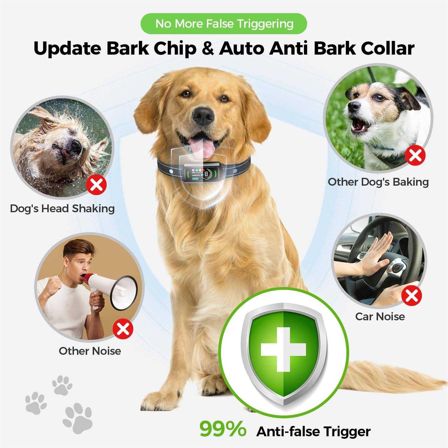 Greemoor AI Dog Bark Collar with Flashing Light,Beep,Vibration,and Optional Shock,Rechargeable Anti-Bark Collar with 6 Adjustable Sensitivity