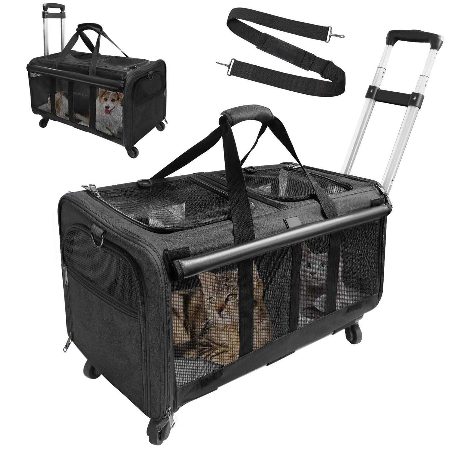 LIONROGE Double-Compartment Pet Rolling Carrier with Wheels for 2 Pets,Cat Rolling Carrier for 2 Cats,Super Ventilated Design,Ideal for Traveling