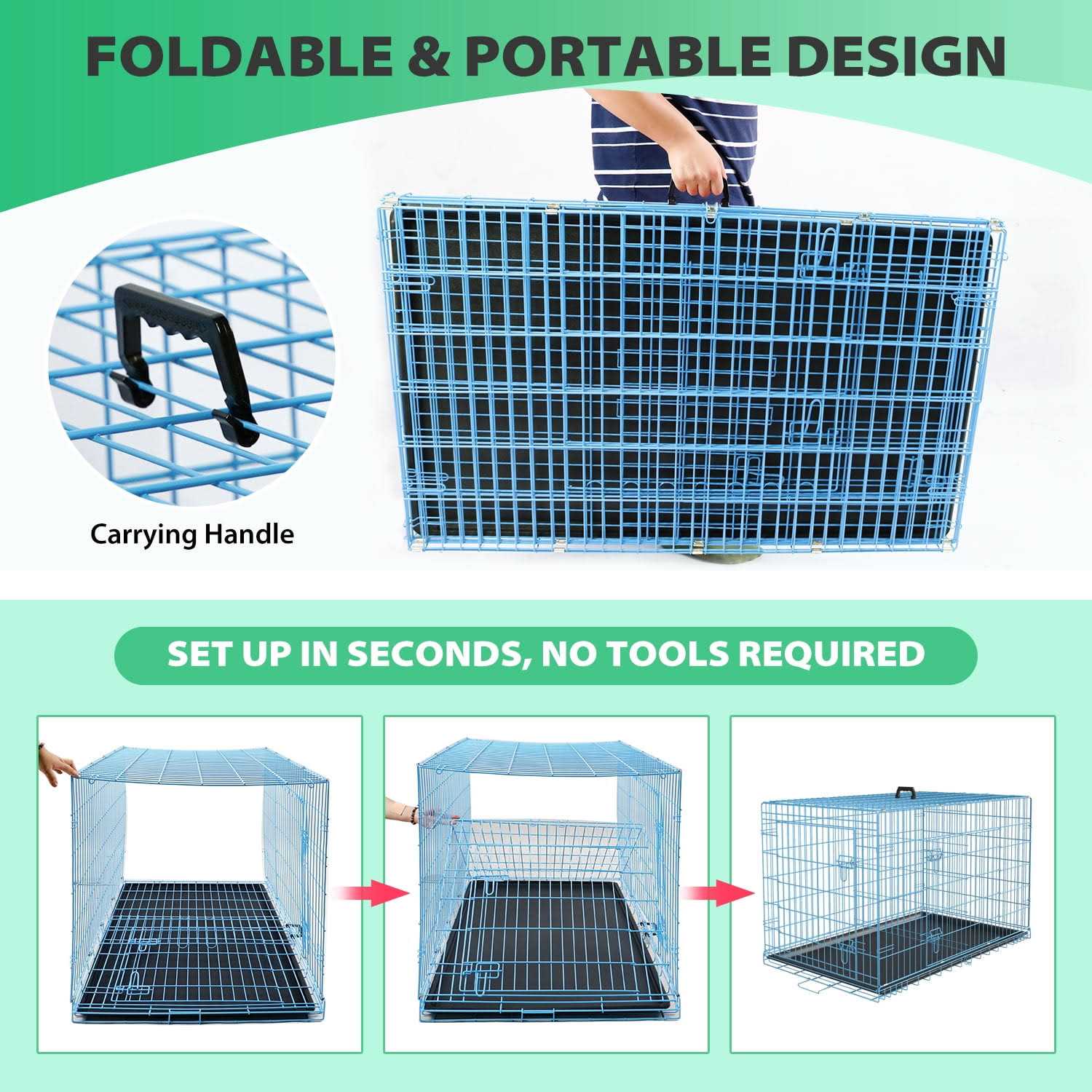 Yrllensdan Foldable Large Dog Crate for Large Dogs, Metal Wire Dog Cage with Plastic Tray and Handle Double-Door Outdoor Dog Crates and