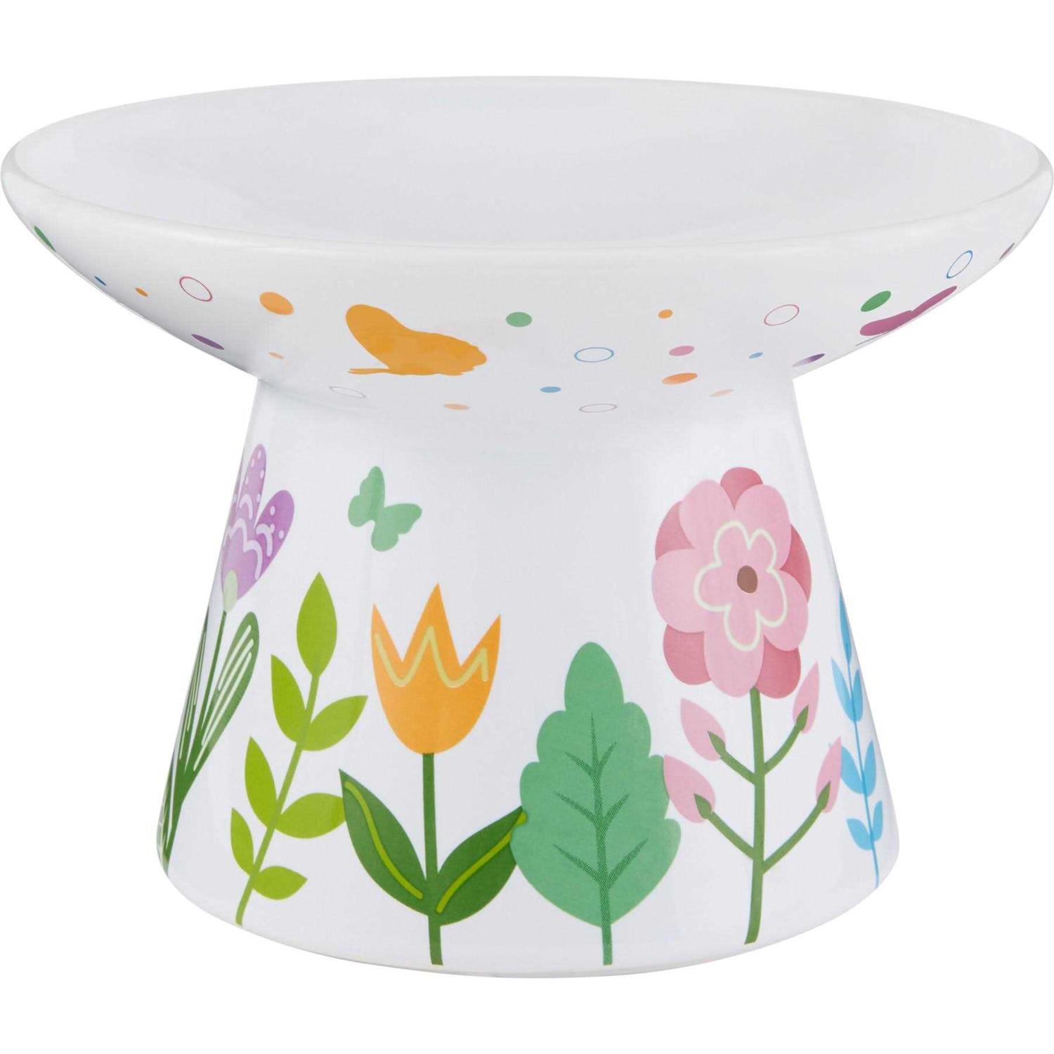 Frisco Cat Face Floral Wide Shape Elevated Non-Skid Ceramic Cat Bowl