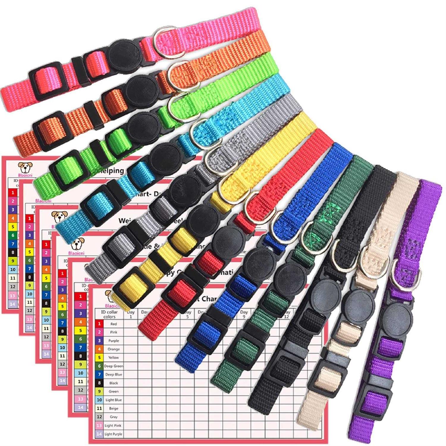14PCS Puppy ID Collar Identification Soft Nylon Adjustable Breakaway Safety Whelping Litter Collars for Newborn Pets with Record Keeping Charts