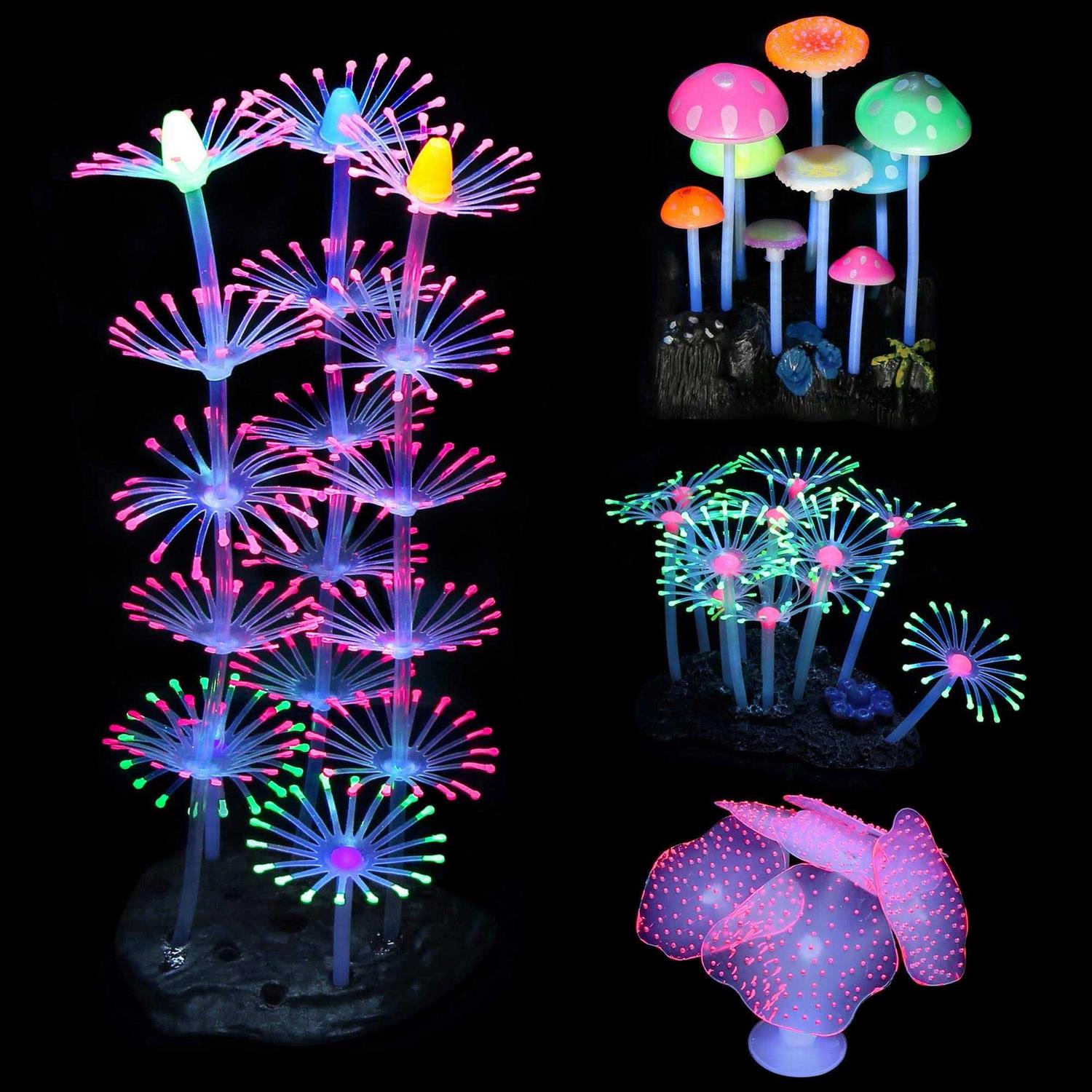 Lpraer 4 Pack Glow Aquarium Decorations Coral Reef Glowing Mushroom Anemone Simulation Glow Plant Glowing Effect Silicone for Fish Tank Decorations