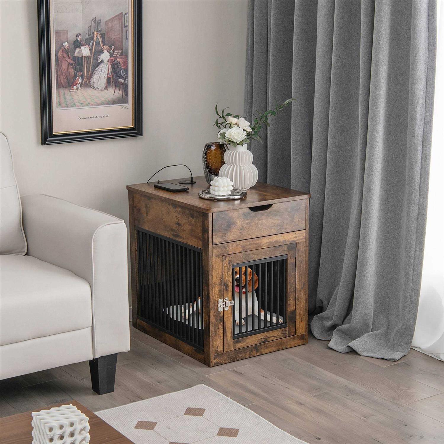 Costway 2-In-1 Furniture Dog Crate with Drawer Wired & Wireless Charging Side End Table