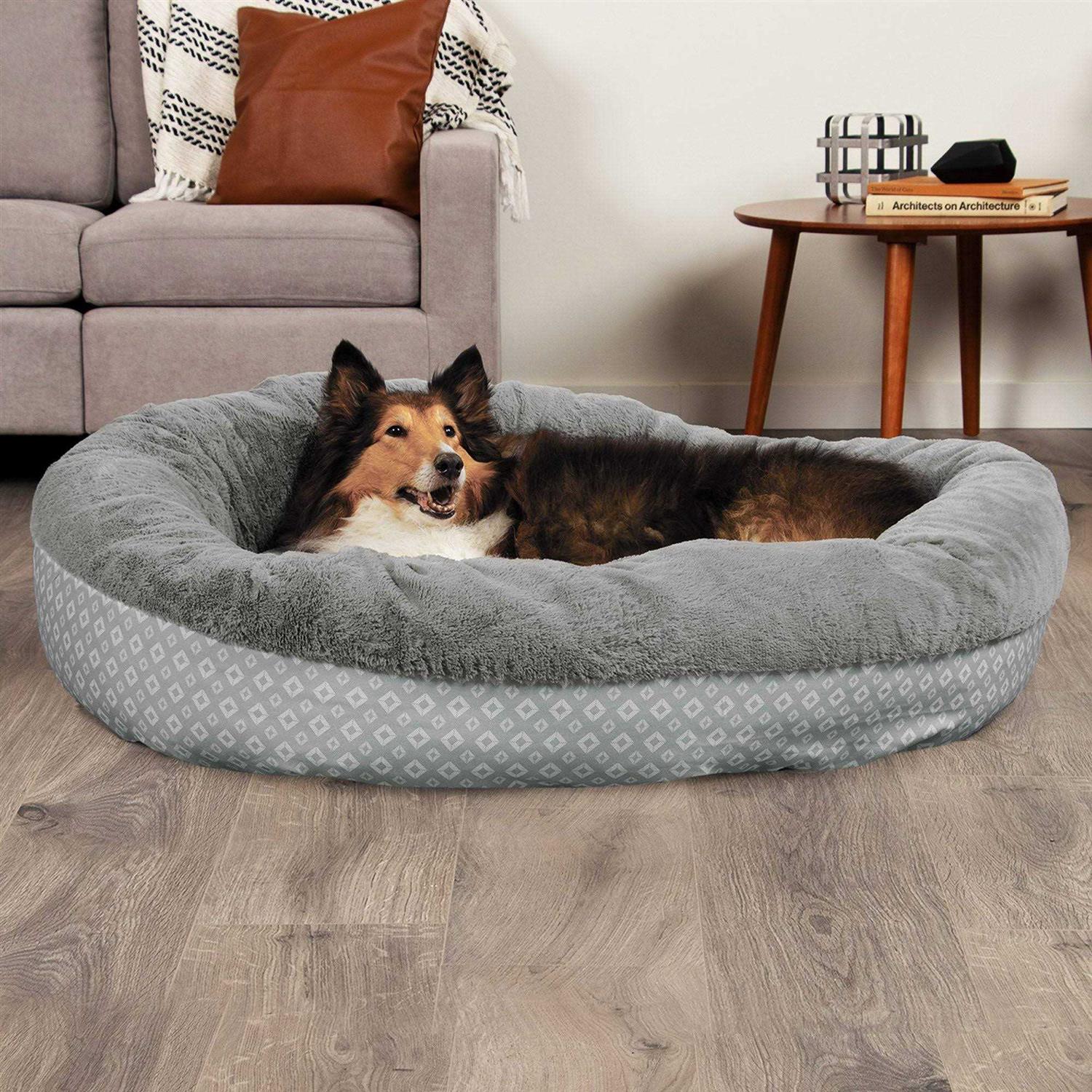 FurHaven Plush & Diamond Print Calming Donut Pet Bed for Dogs & Cats