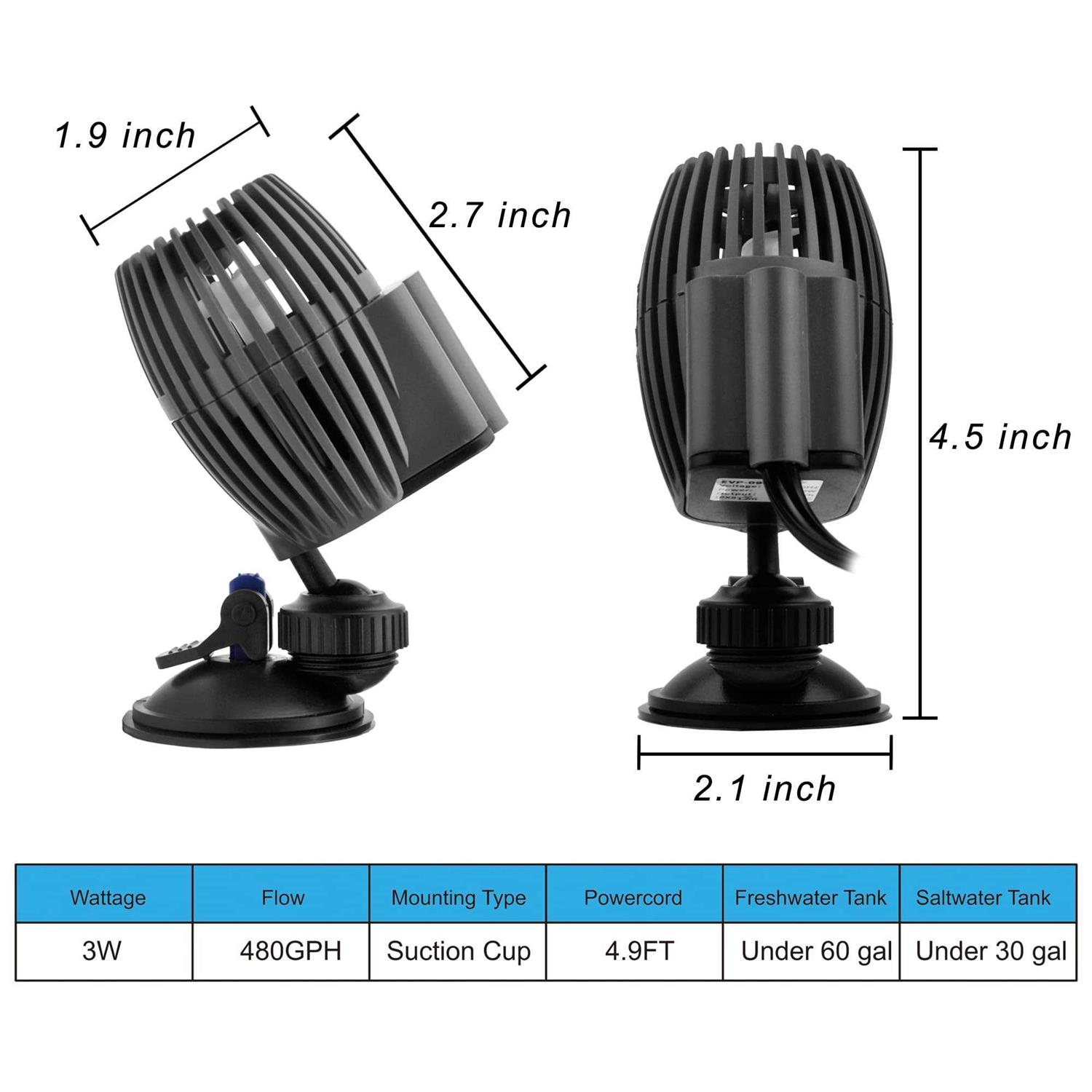 DOMICA Aquarium Wave Maker Powerhead 480GPH 3W, Submersible Power Head Pump with Suction Base, Water Circulation for Freshwater or Saltwater Fish