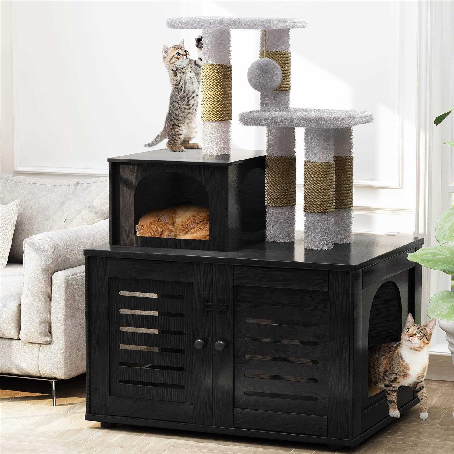 Recaceik Cat Litter Box Enclosure with Cat Tree Hidden Cat Washroom Furniture with Divider