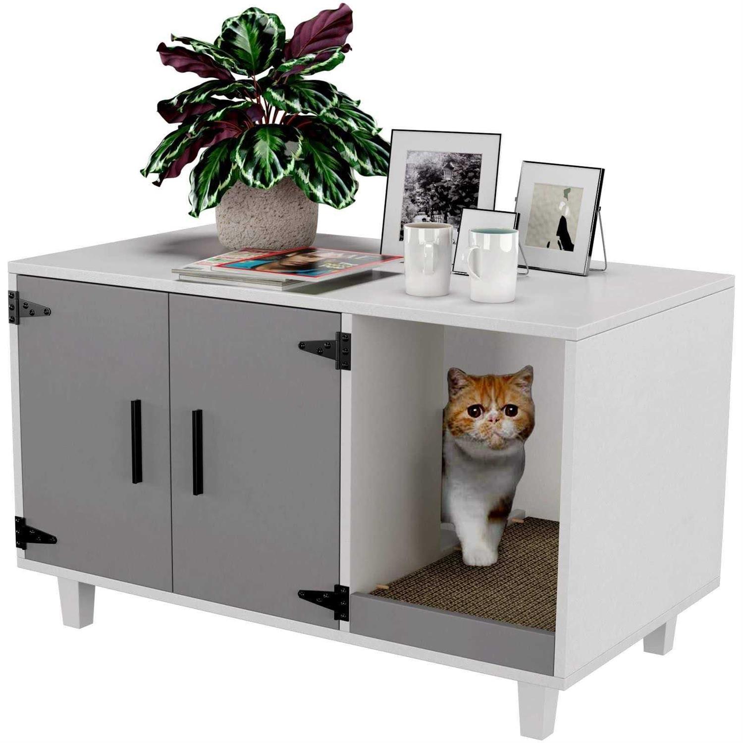 GDLF Modern Wood Pet Crate Cat Washroom Hidden Litter Box Enclosure Furniture House as Table Nightstand with Scratch Pad,Stackable