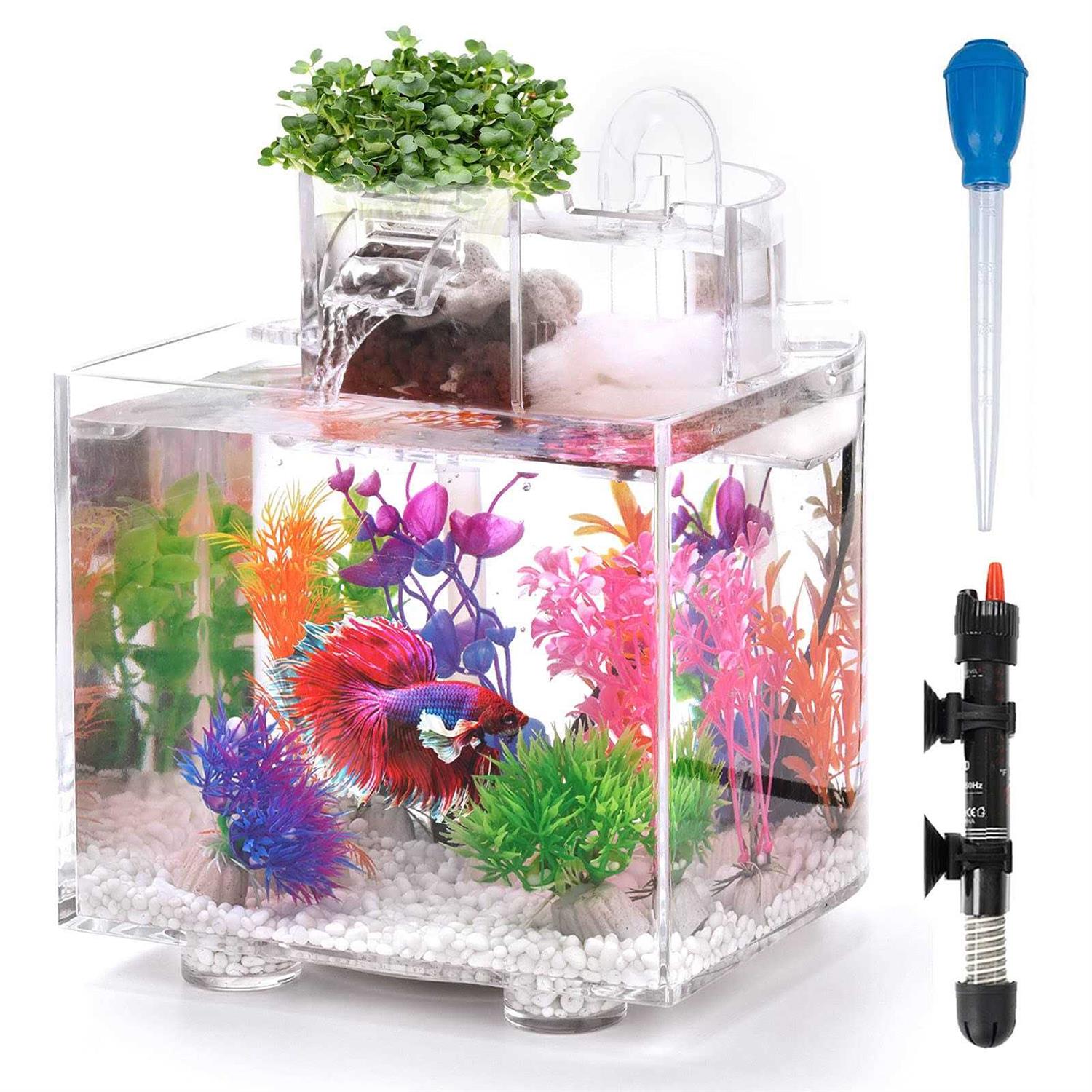 Oltraman Betta Fish Tank, 1.6 Gallon Aquarium, Upgrade Hydroponics Growing System, Beta Fish Tank Self Cleaning with Heater and Filter
