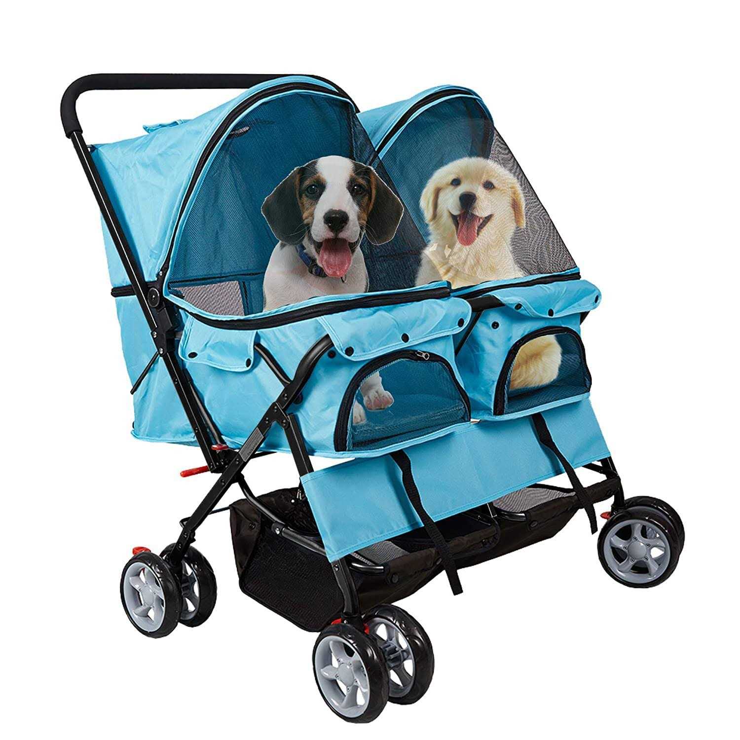 Dporticus Double Pet Stroller Foldable Stroller for 2 Dogs Cats Two-Seater Carrier Strolling Cart for Dog Cat and More Multiple Colors