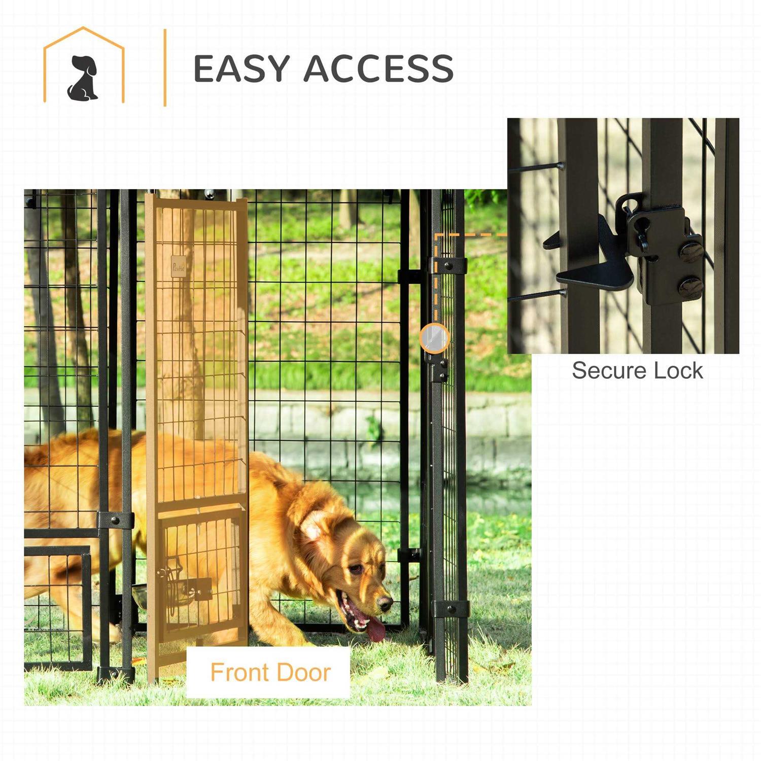 PawHut Indoor/Outdoor Metal Dog Kennel, Dog House with Lock, Weather Resistant Canopy and 2 Bowl Holders and Bowls