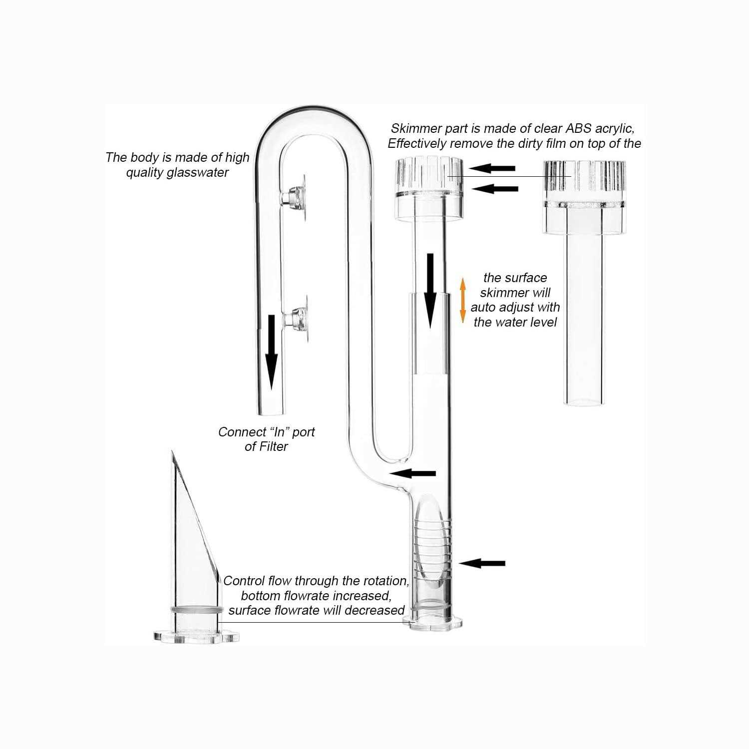 FZONE Aquatic Glass Lily Pipe Set with Lily Skimmer Inflow and Lily Outflow for Aquarium Filter 5/8” Tubing