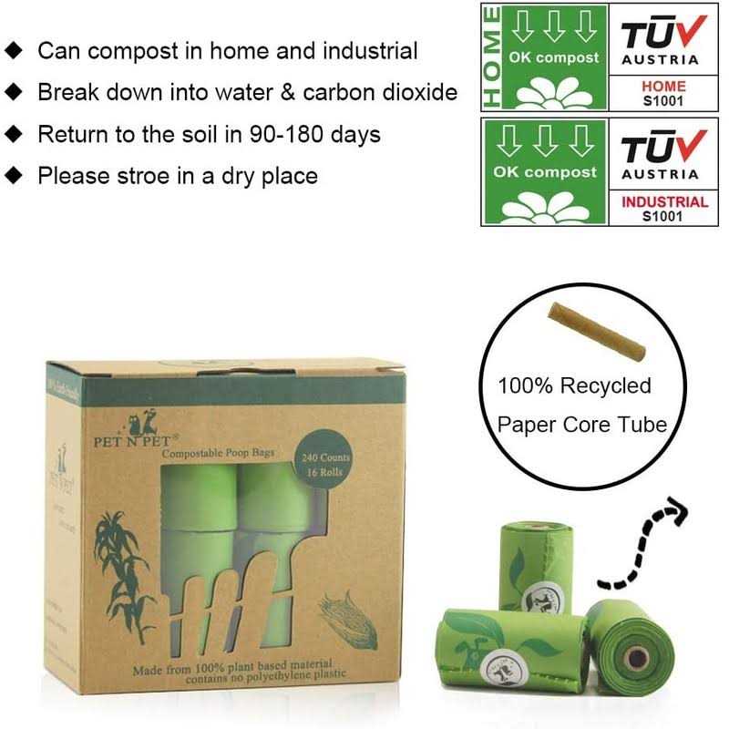 PET N PET Poop Bags 240 Count Compostable Poop Bags 100% Vegetable Based Corn Starch Poop Bags Unscented Dog Poop Bags Refill Rolls