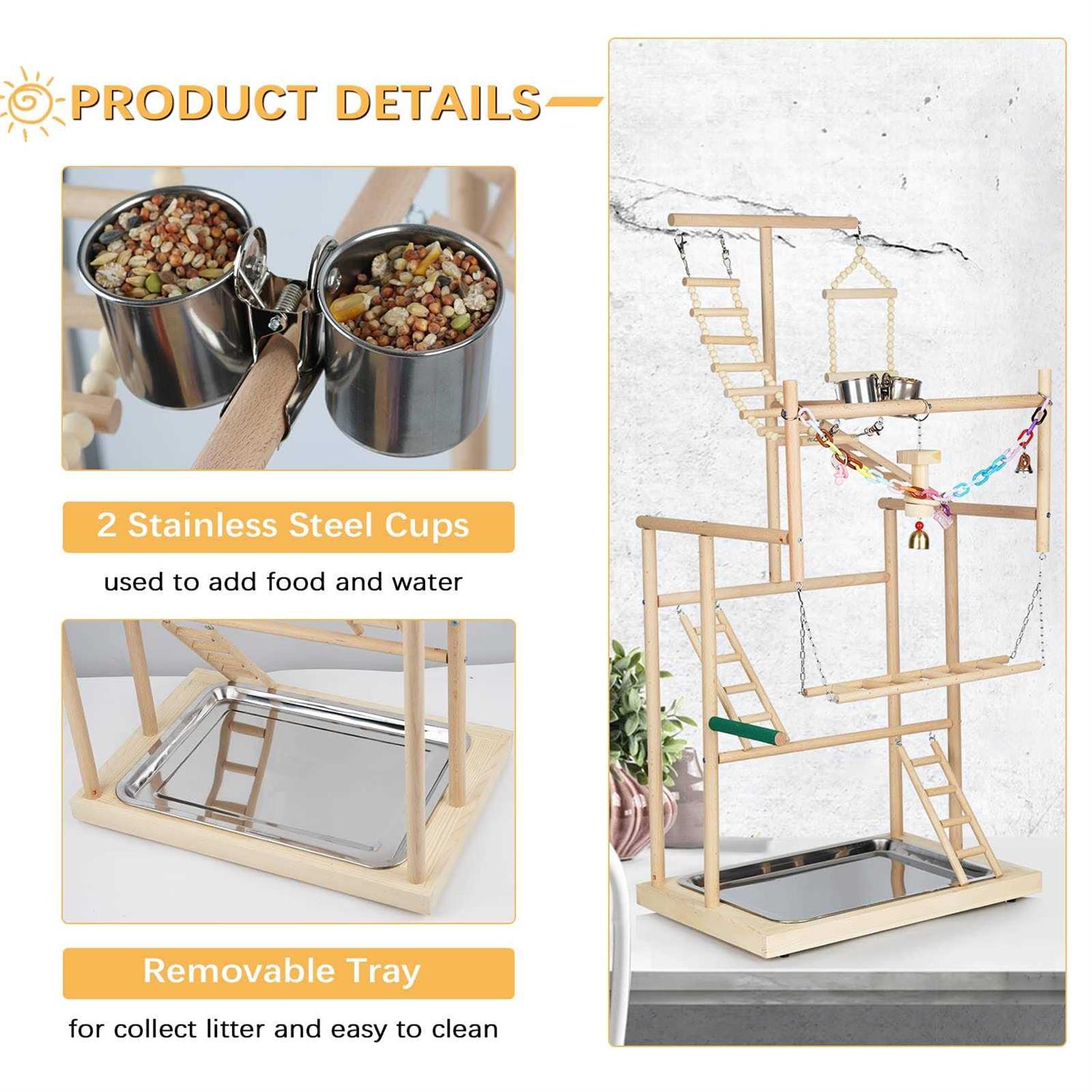 Ibnotuiy Pet Parrot Playstand Parrots Bird Playground Bird Play Stand Wood Perch Gym Playpen Ladder with Feeder Cups Bells for Cockatiel Parakeet
