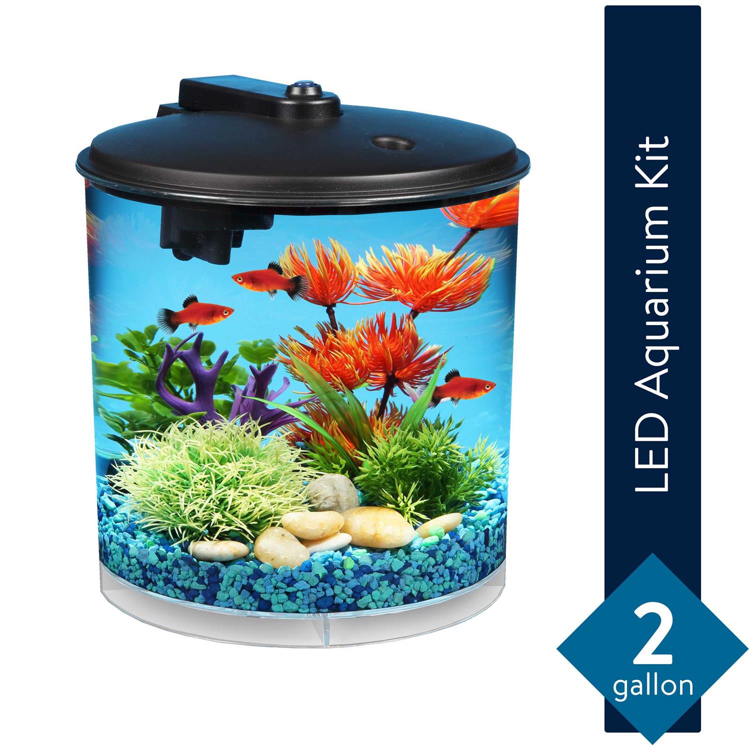 Koller Products AquaView 2-Gallon Plastic 360 Aquarium with Power Filter & LED Lighting for Tropical Fish – Betta Fish