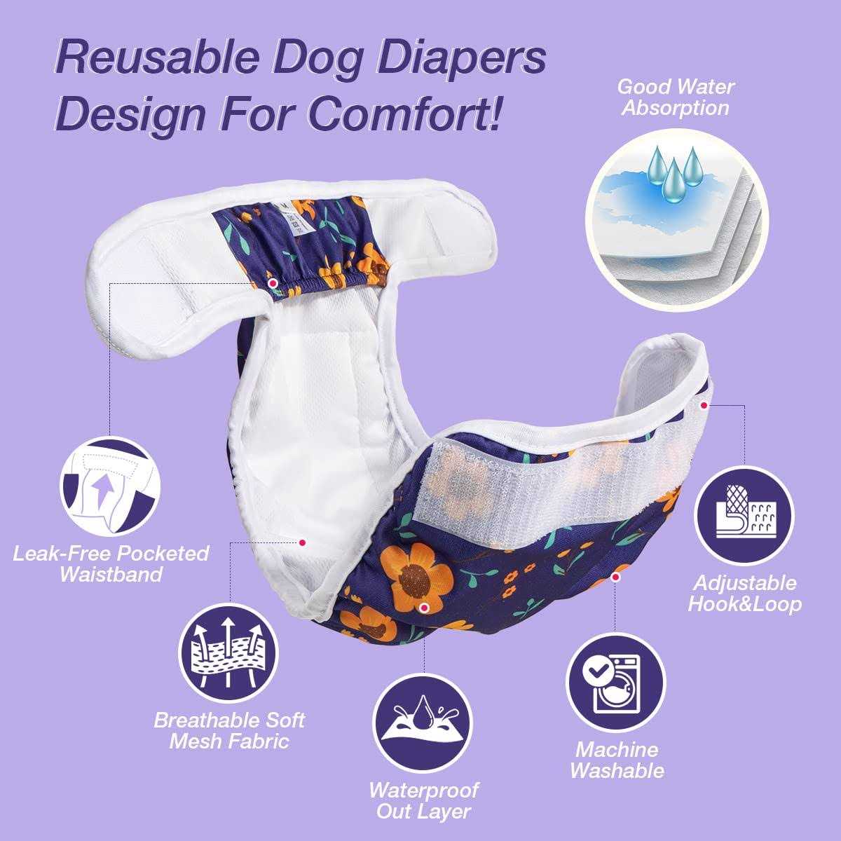 Pet Soft Washable Female Diapers Female Dog Diapers Comfort Reusable Doggy Diapers for Girl Dog in Period Heat