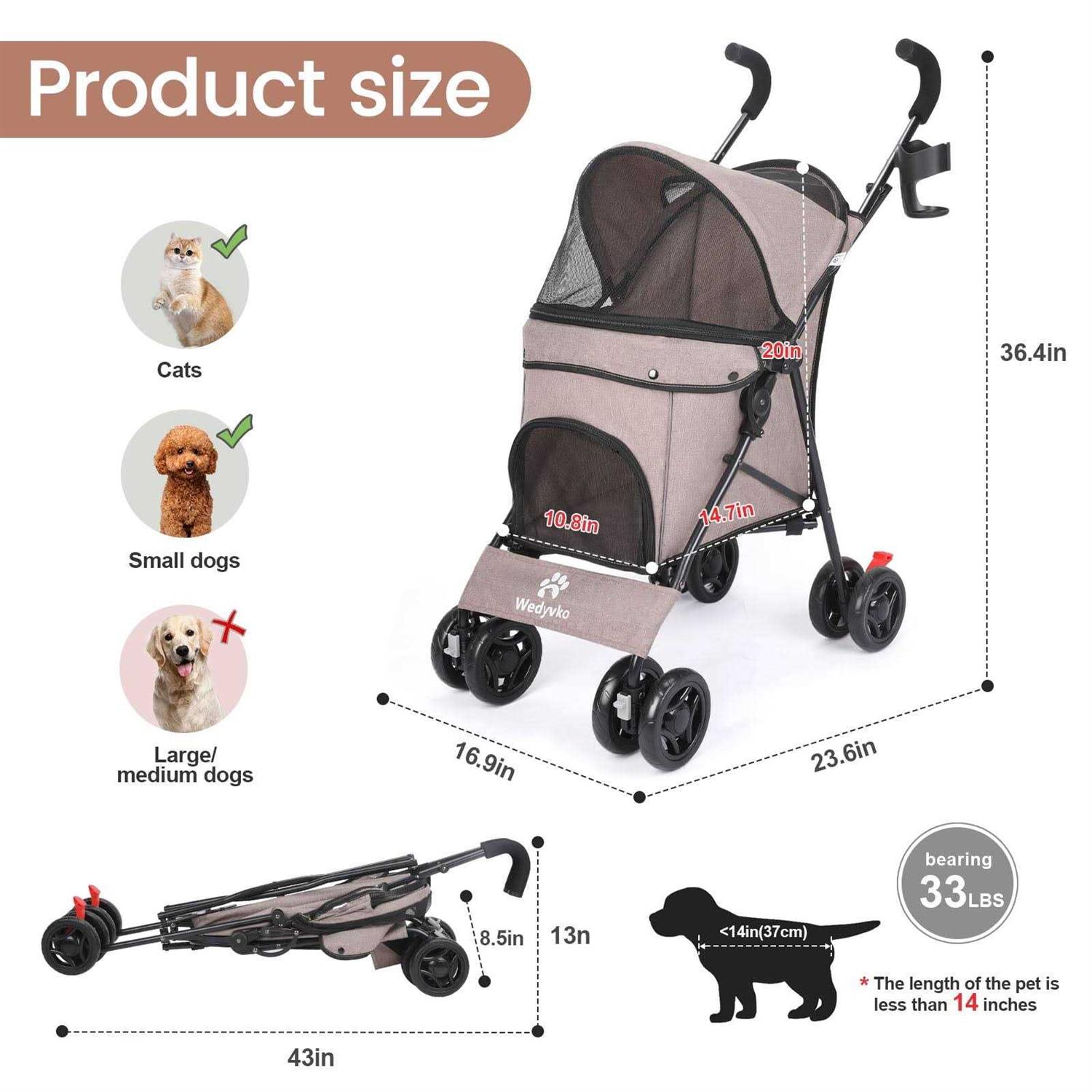 Pet Dog Stroller, Wedyvko 4 Wheels Foldable Dogs and Cat Strollers with Cup Holder for Small and Medium Cats