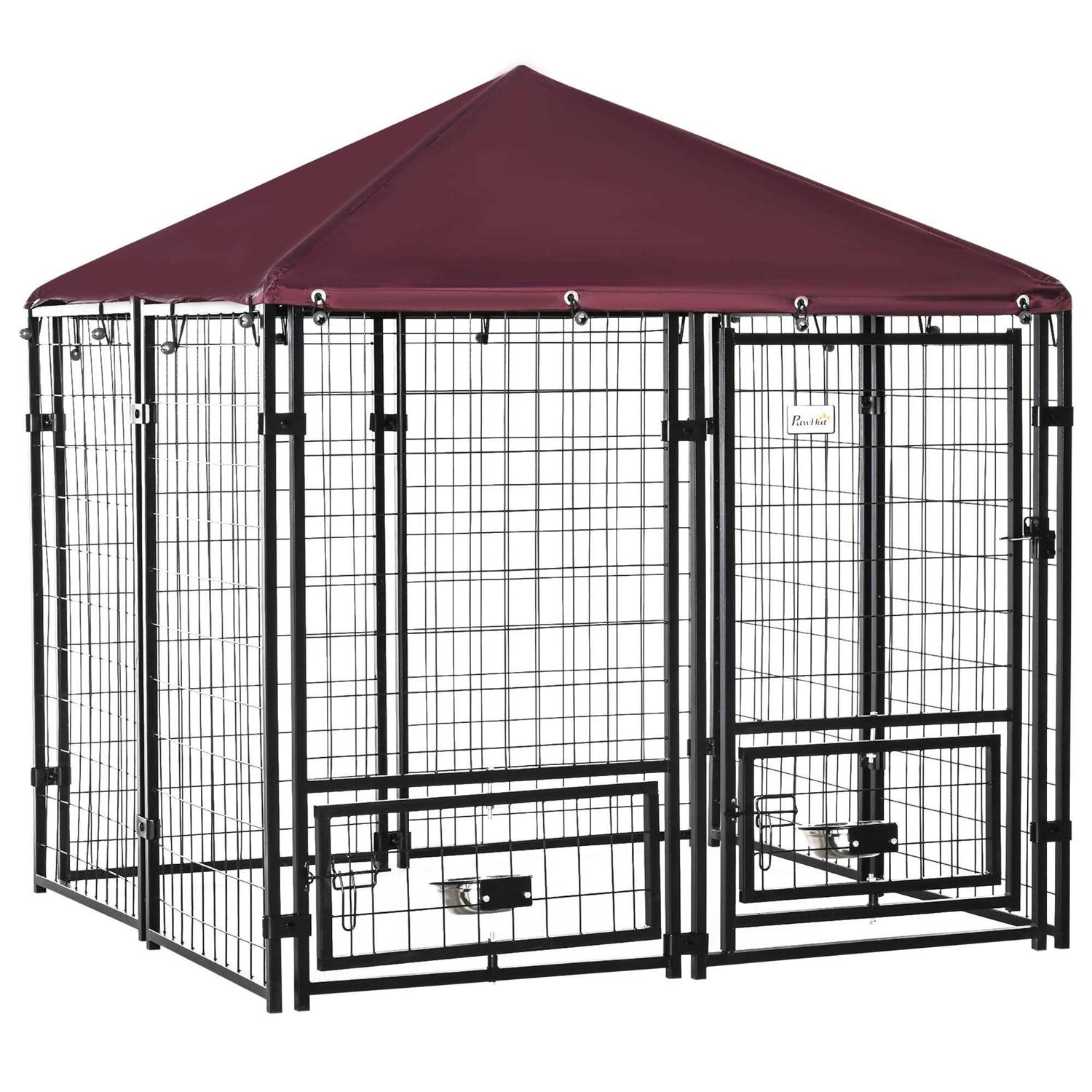 PawHut Indoor/Outdoor Metal Dog Kennel, Dog House with Lock, Weather Resistant Canopy and 2 Bowl Holders and Bowls