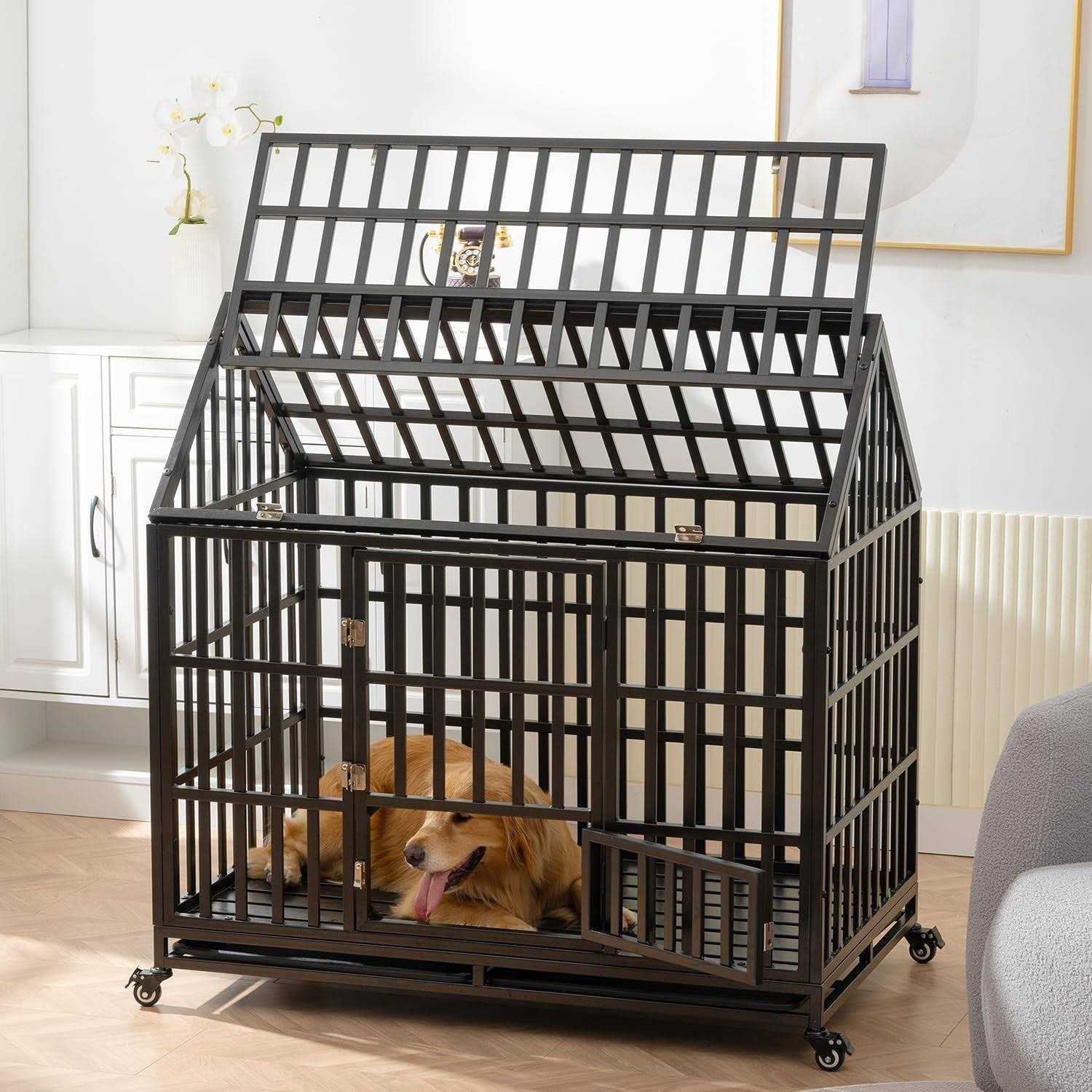 JINTANGLI Pet Heavy Duty Dog Crate for Large Medium Dogs, Metal Pet Cage Kennel Crate Roof Strong Playpen with Sturdy Latches and 4 Lockable Wheels