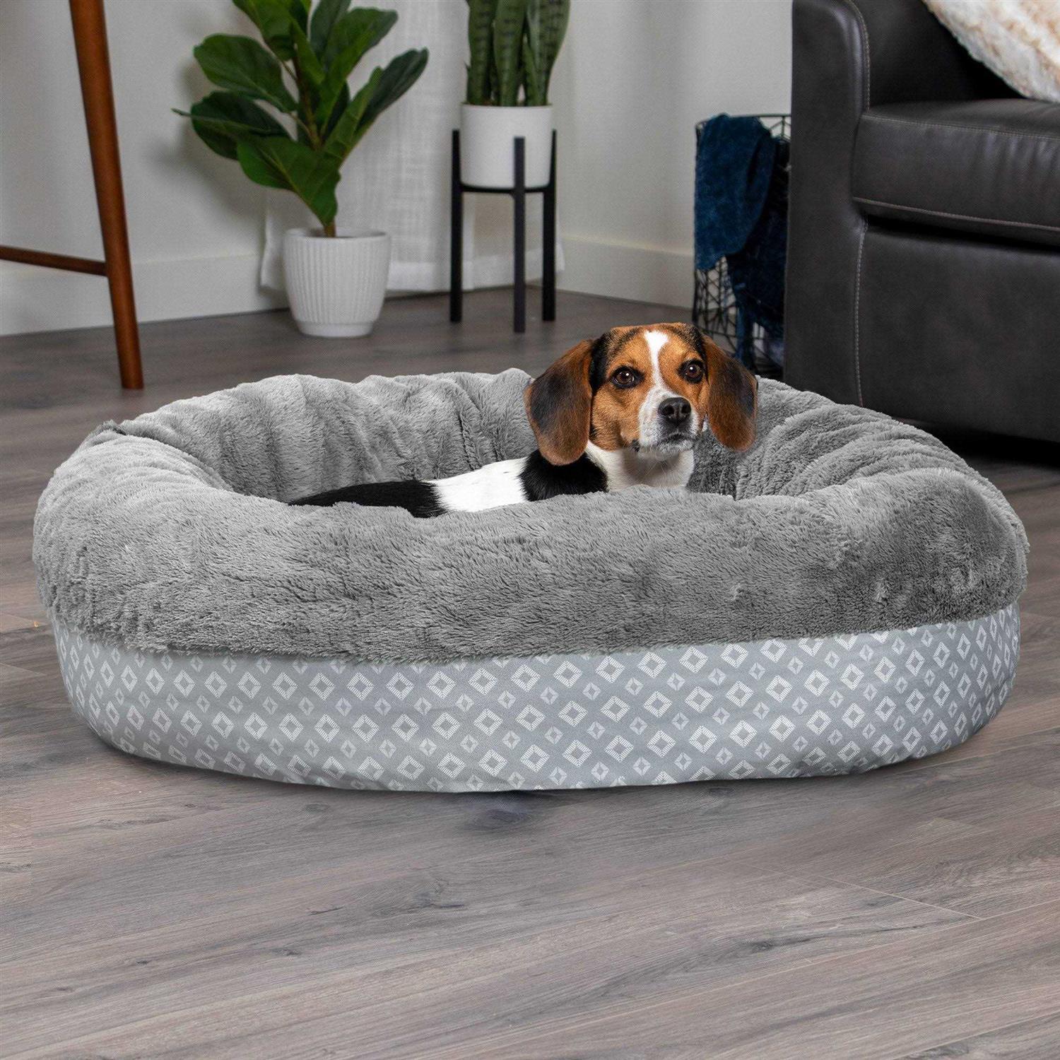 FurHaven Plush & Diamond Print Calming Donut Pet Bed for Dogs & Cats