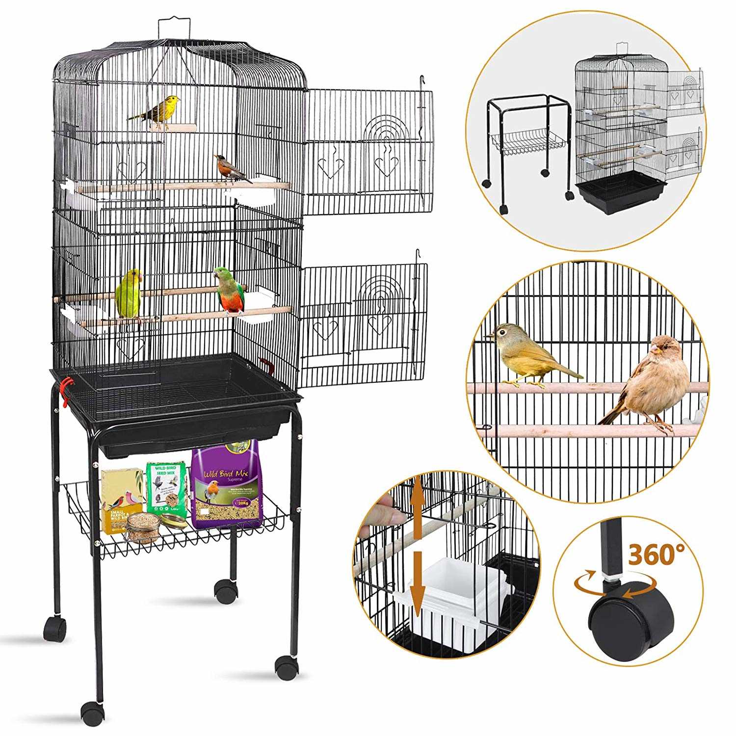 Zenstyle 59.3” Bird Cage with Rolling Stand Wrought Iron Birdcage Medium Pet House, Black
