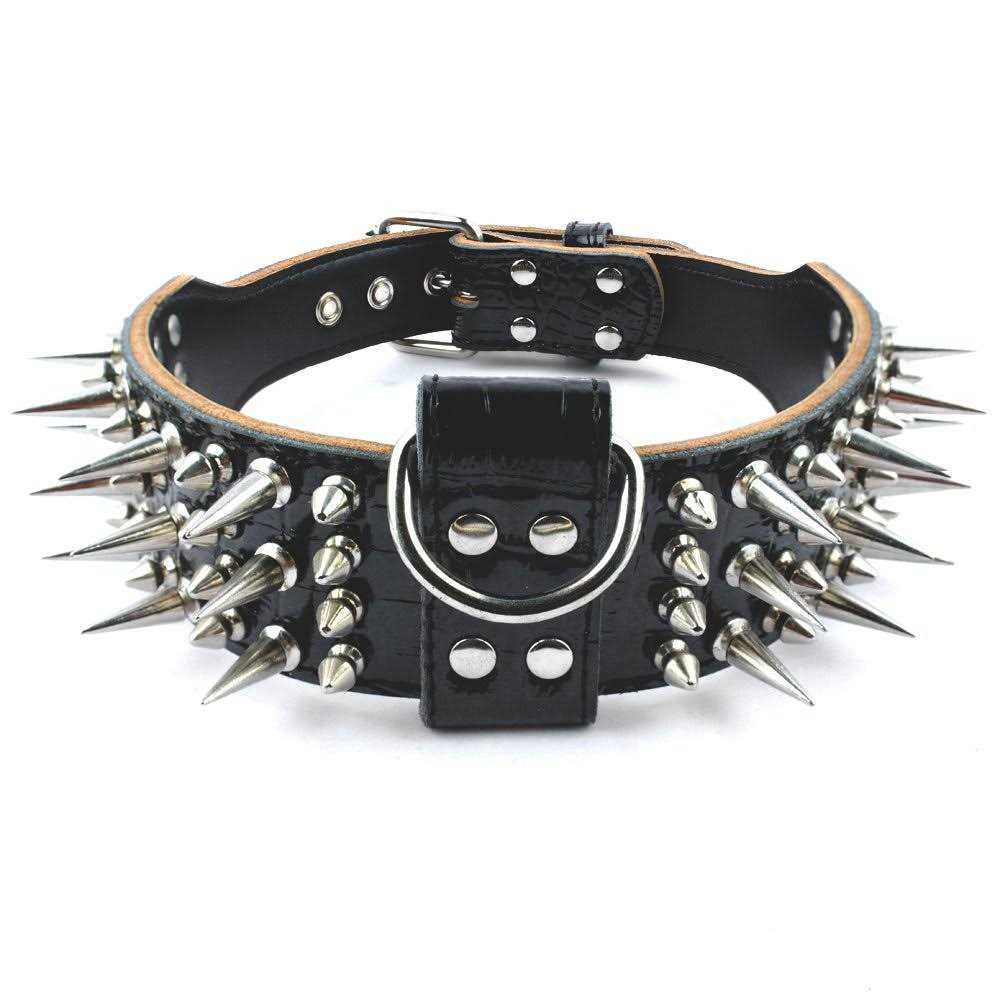 Pet Artist 2 Wide Luxury Genuine Leather Spiked Studded Dog Collars for Medium & Large Dogs