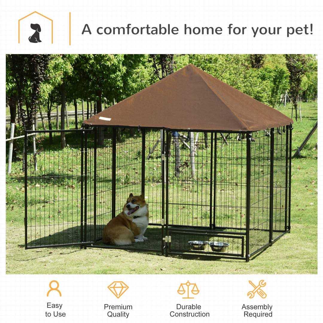 PawHut Indoor/Outdoor Metal Dog Kennel, Dog House with Lock, Weather Resistant Canopy and 2 Bowl Holders and Bowls