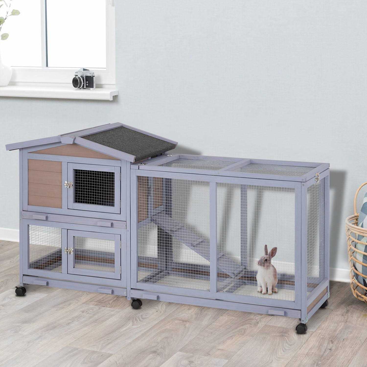 Niamvelo Wood Rabbit Hutch Indoor&Outdoor Bunny Cage with Wheels &Waterproof Roof for Small Animals