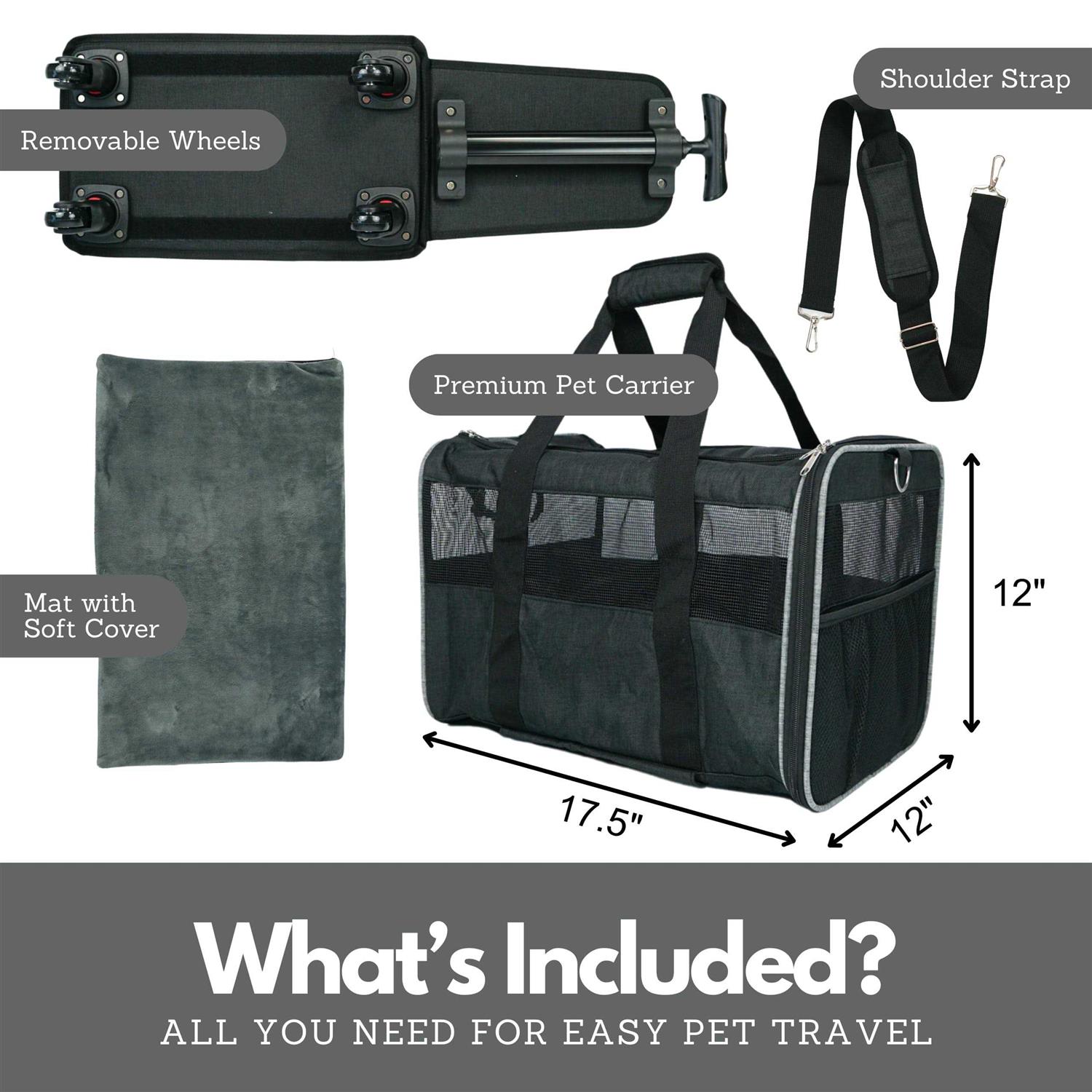 Pet Carrier with Wheels – Airline Approved – Rolling Pet Carrier – Soft Dog & Cat Travel Carrier