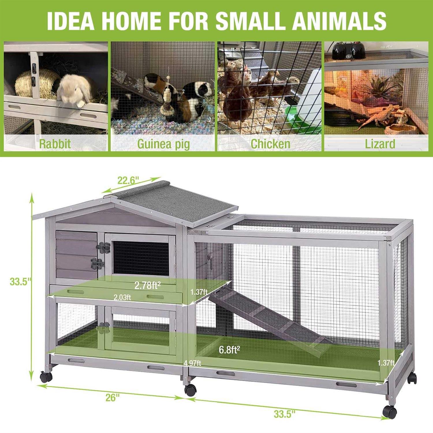 Outdoor Rabbit Hutch Indoor Bunny House on Wheels Large Guinea Pig Cage with Run for Any Small Animals,Removable Pull Out Tray