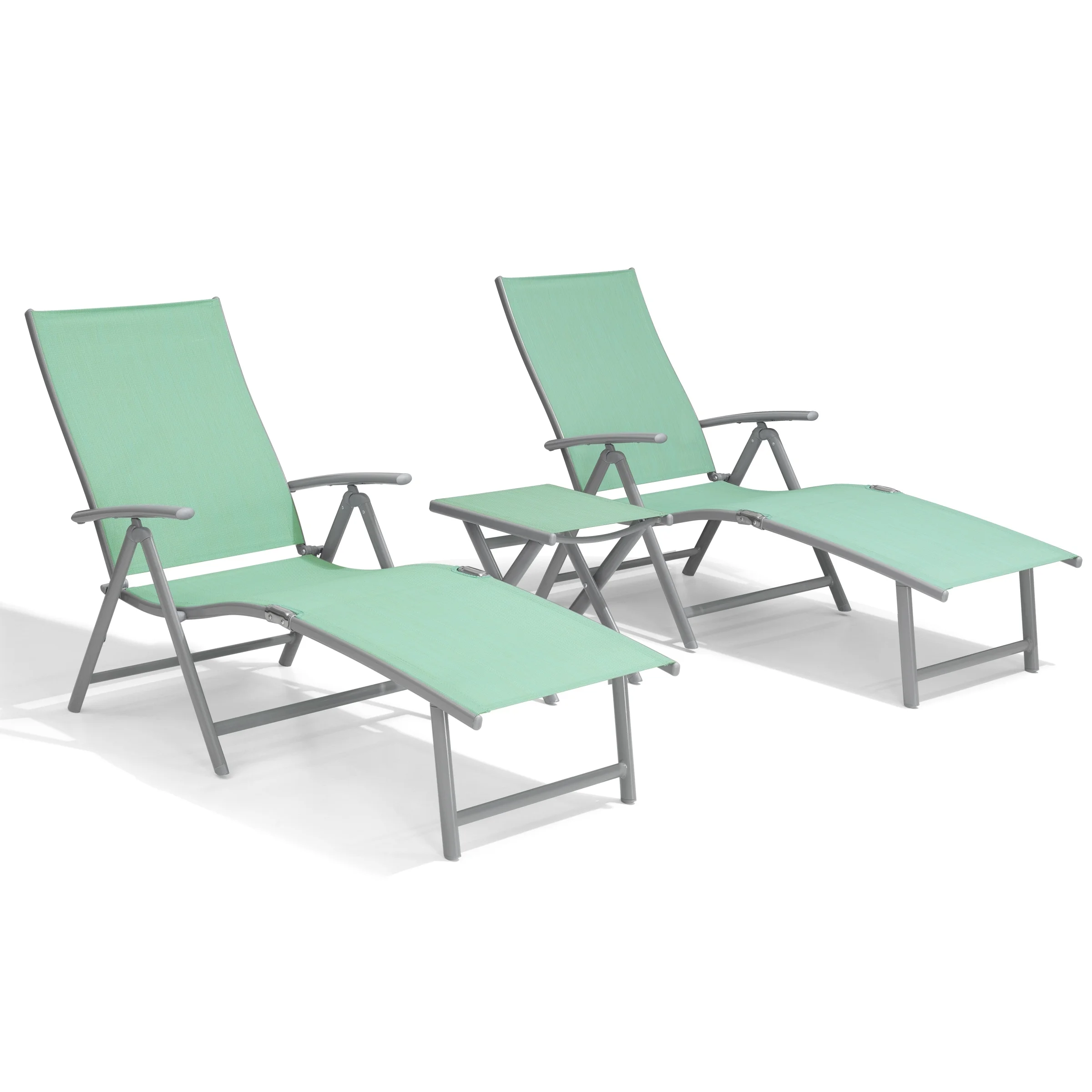Crestlive Products Outdoor Aluminum Adjustable Folding Chaise Lounge Chairs and Foldable Side Table Green
