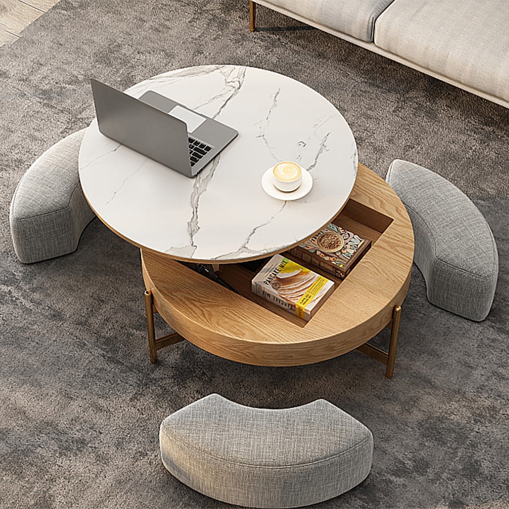 Homary Round Lift-Top Wood Coffee Table Set with Storage White & Natural with Stools