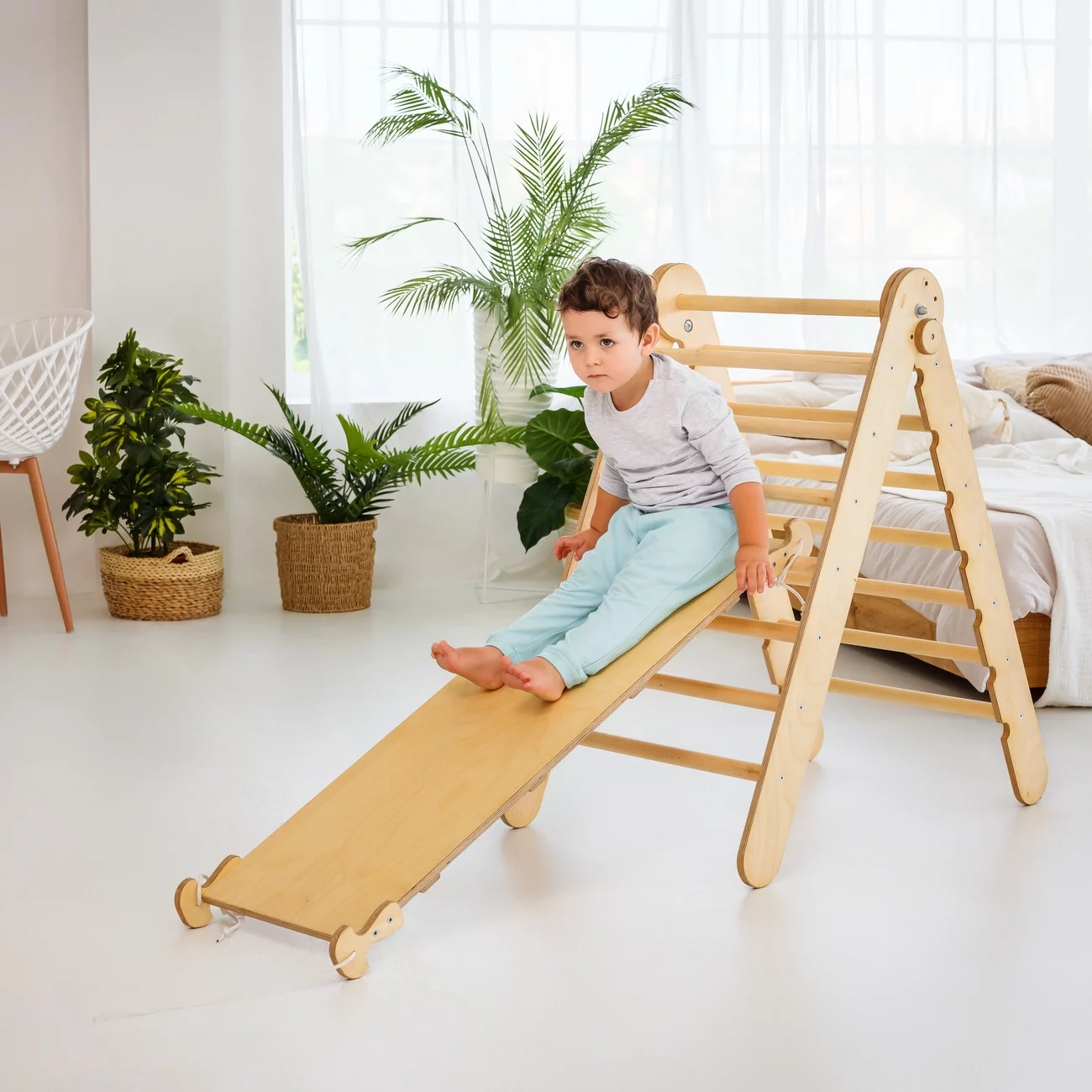 Toddler Indoor Play Equipment 2in1: Foldable Triangle Ladder and Slide/Climbing Board - Montessori Playground for Kids and Babies