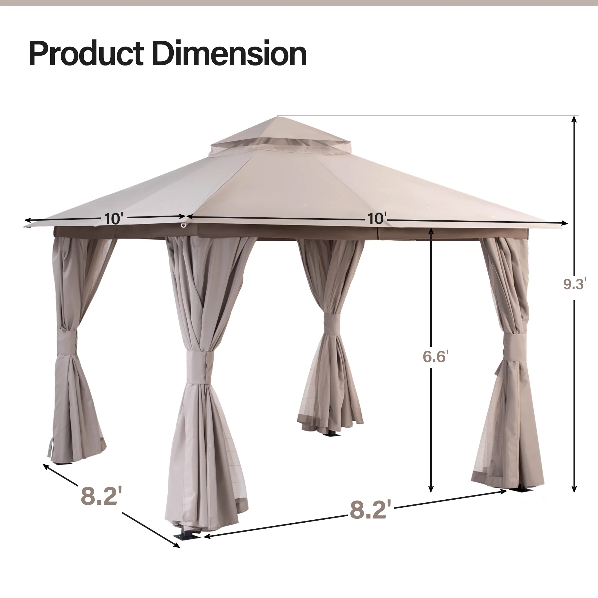 LAUSAINT HOME 10'x10' Patio Gazebo, Double Roof Outdoor Shelter Tent with Mosquito Nettings and Privacy Screens, Khaki