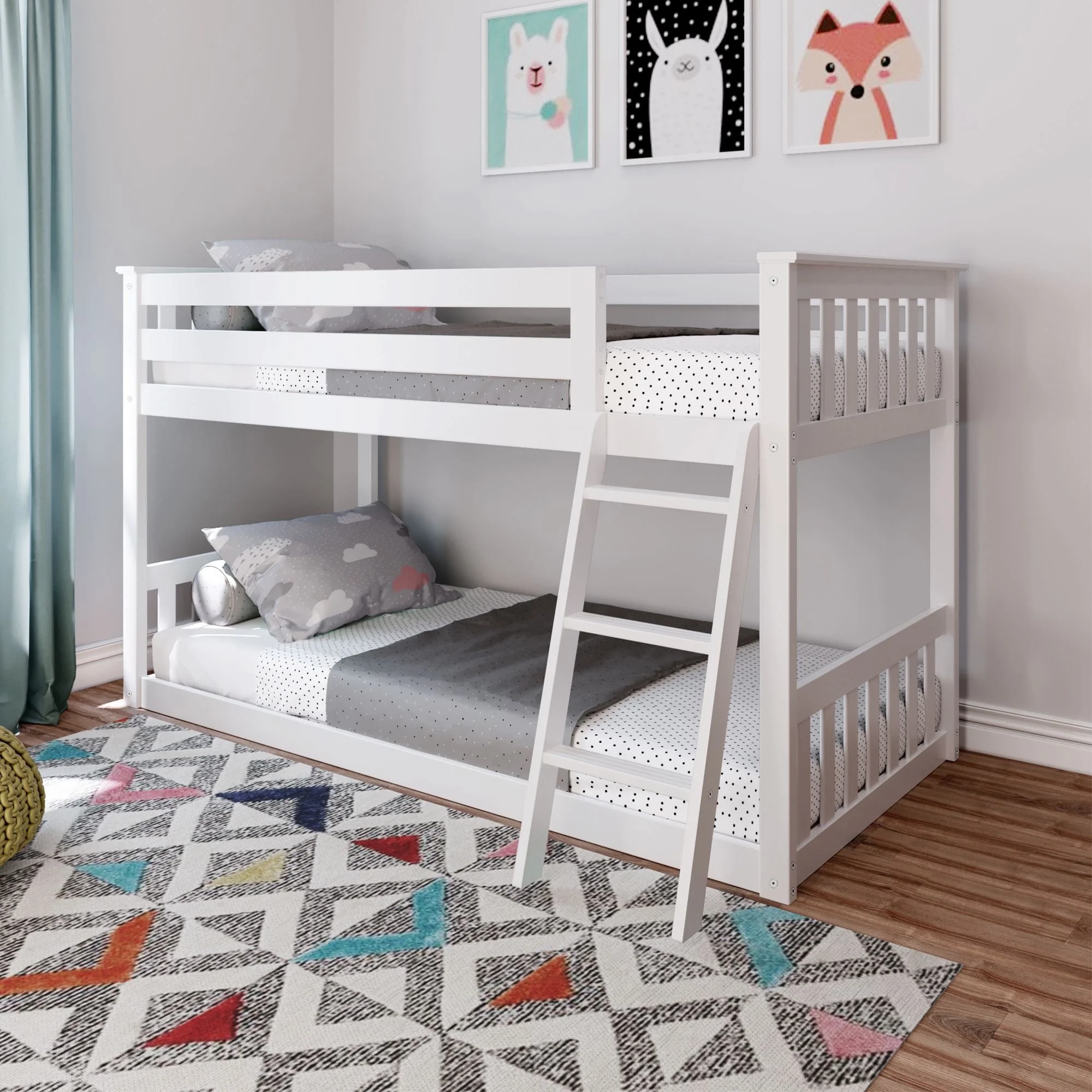 Max & Lily Twin over Twin Bunk Bed for Kids, Solid Wood Low Bunk Beds with Ladder, White