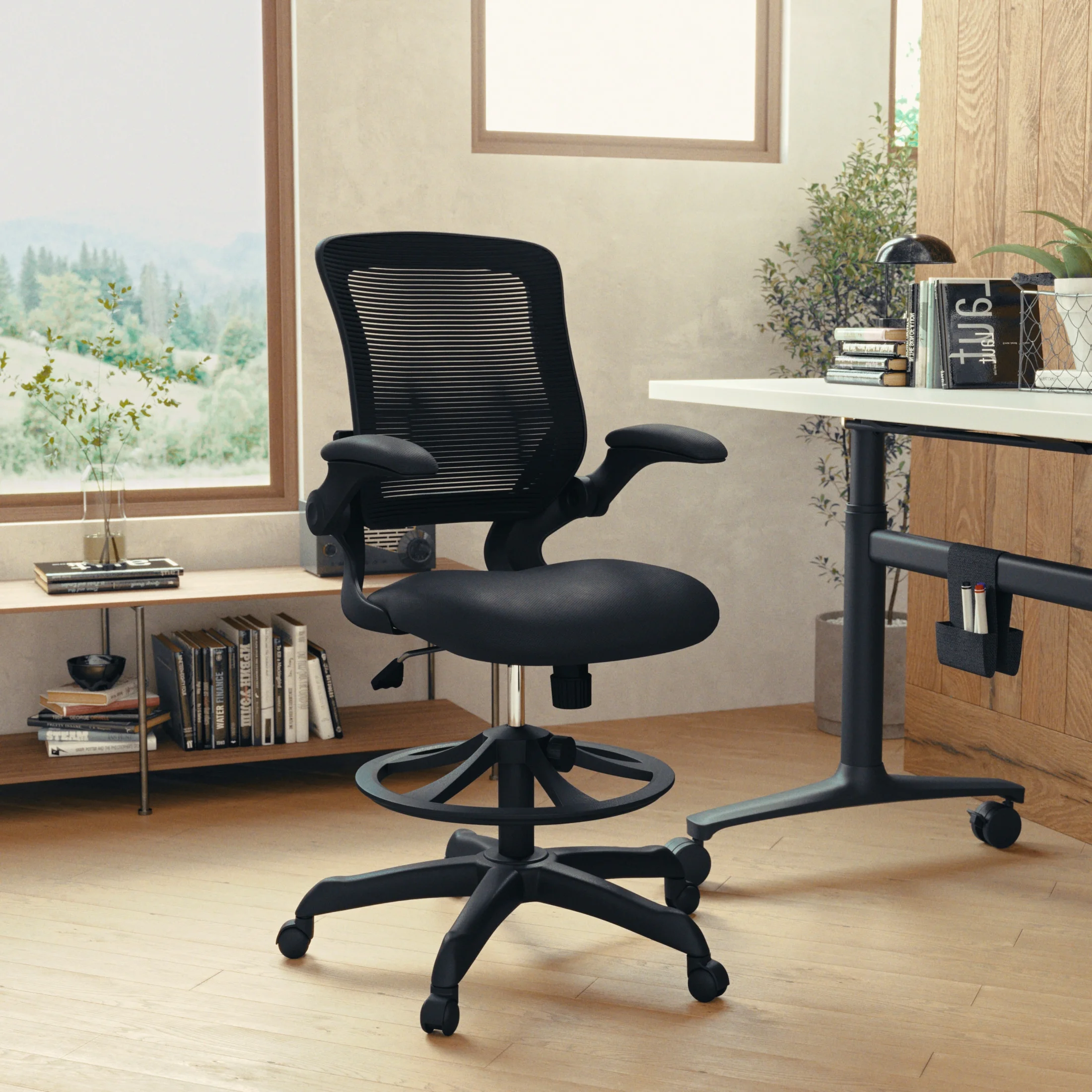Flash Furniture Kale Mid-Back Black Mesh Ergonomic Drafting Chair with Adjustable Foot Ring and Flip-Up Arms