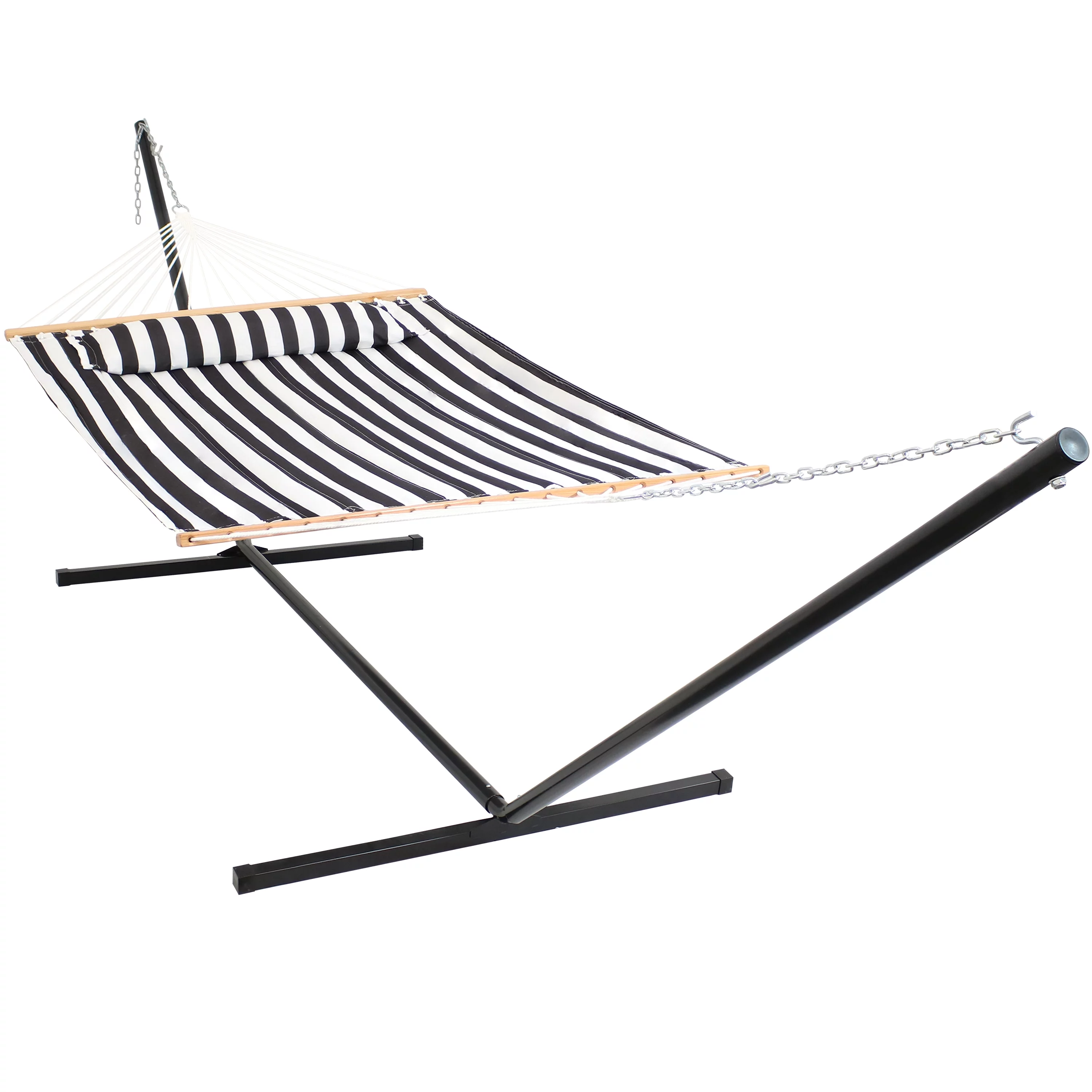 Sunnydaze 2-Person Freestanding Quilted Fabric Hammock with 15' Stand - Black and White