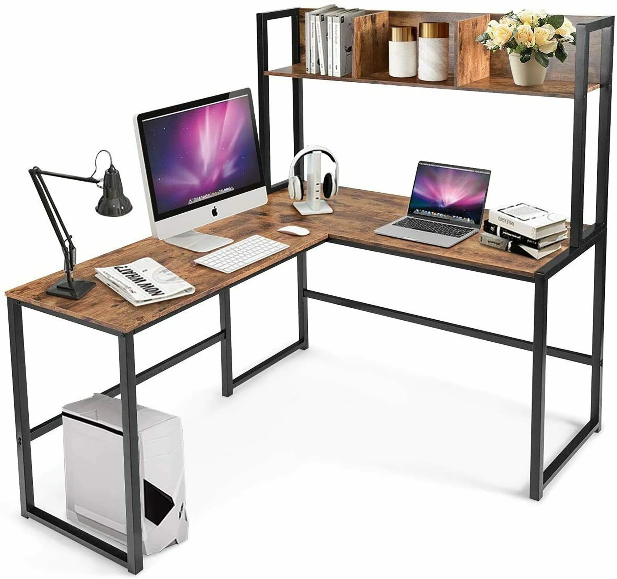 Costway Industrial L-Shaped Desk w/Hutch Bookshelf 55'' Corner Computer Desk Gaming Table