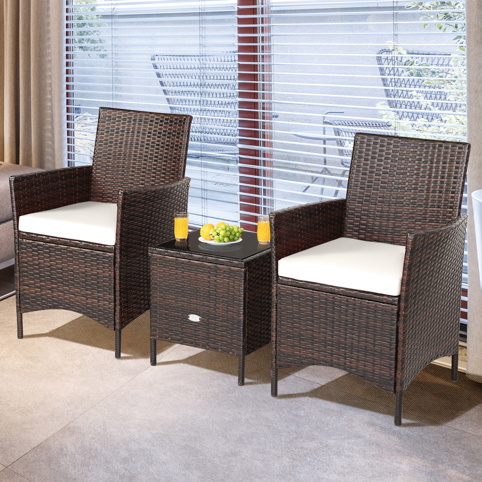 Patiojoy 3 Pieces Patio Rattan Conversation Furniture Wicker Chairs with Coffee Table & Cushions White