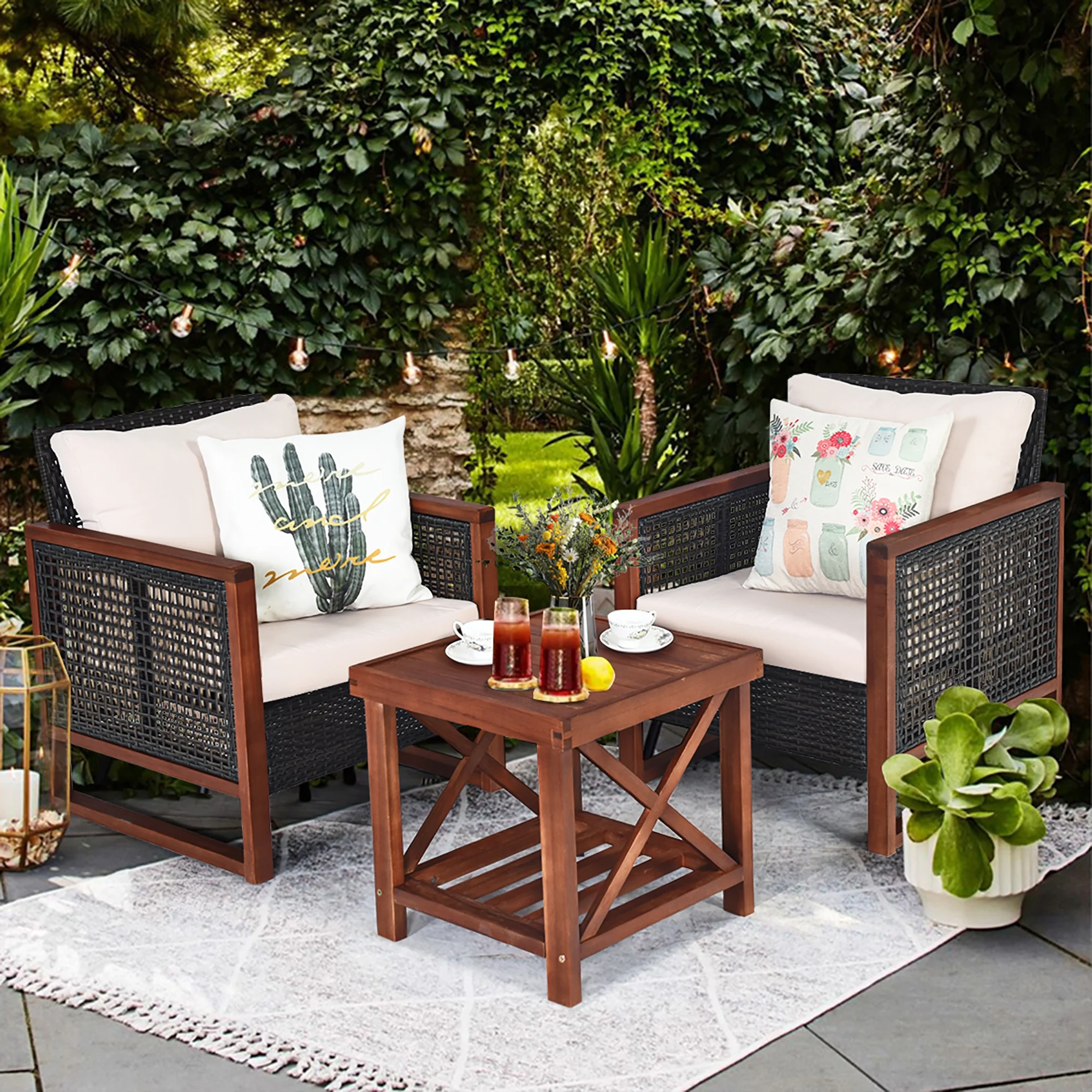 Costway 3PCS Patio Wicker Furniture Set Solid Wood Frame Cushion Sofa w/ Square Table Shelf Wheat
