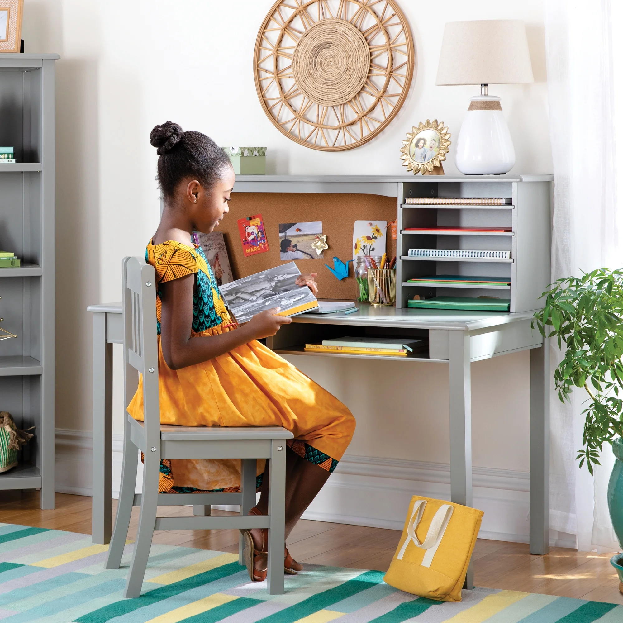 Guidecraft Kids' Media Desk and Chair Set - Gray: Wood Study and Writing Table with Corkboard, Hutch and Adjustable Shelf Storage