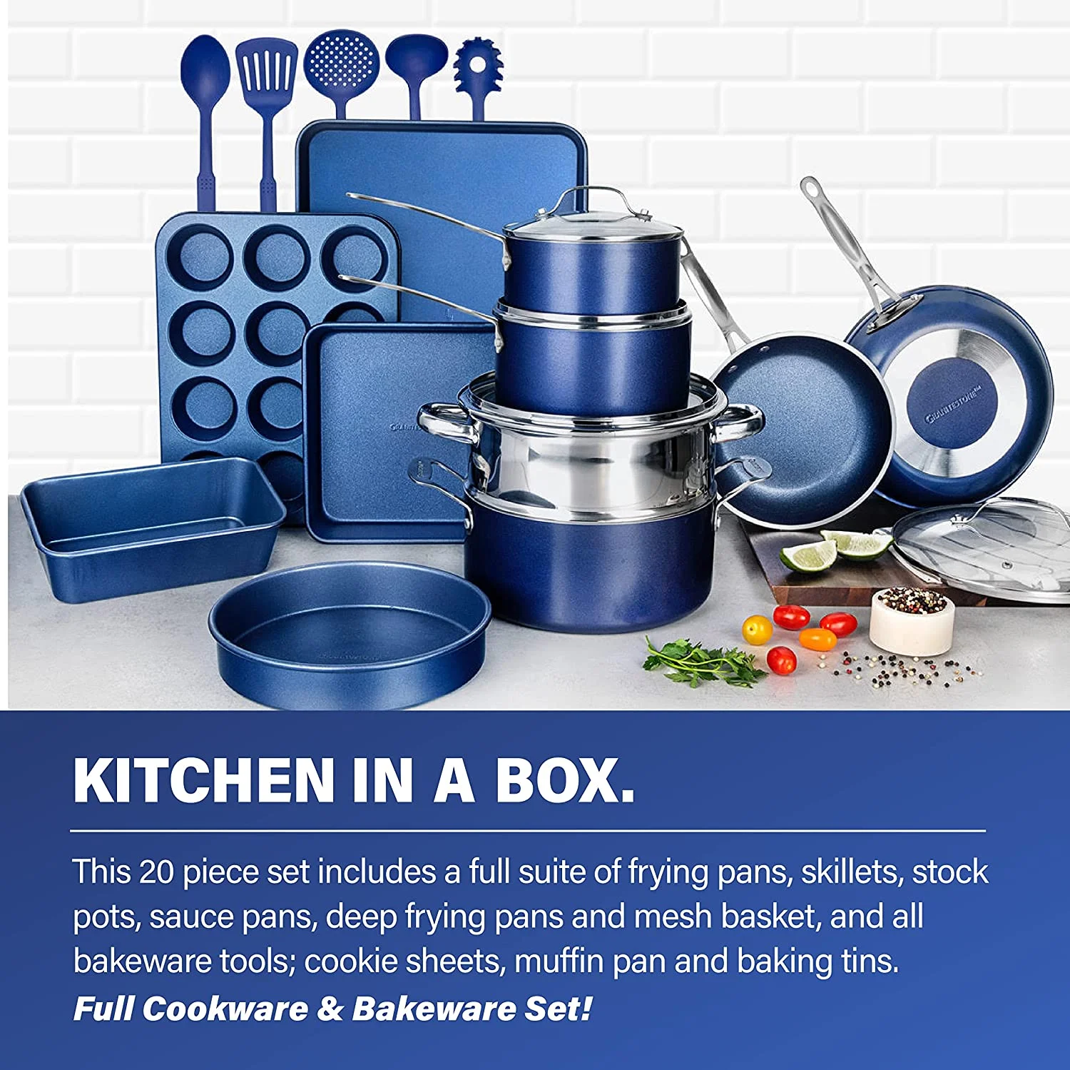 Granitestone Diamond Nonstick Pots and Pans 20 Piece Kitchen Cookware Bakeware Set Cooking Utensils Frying Skillet Blue