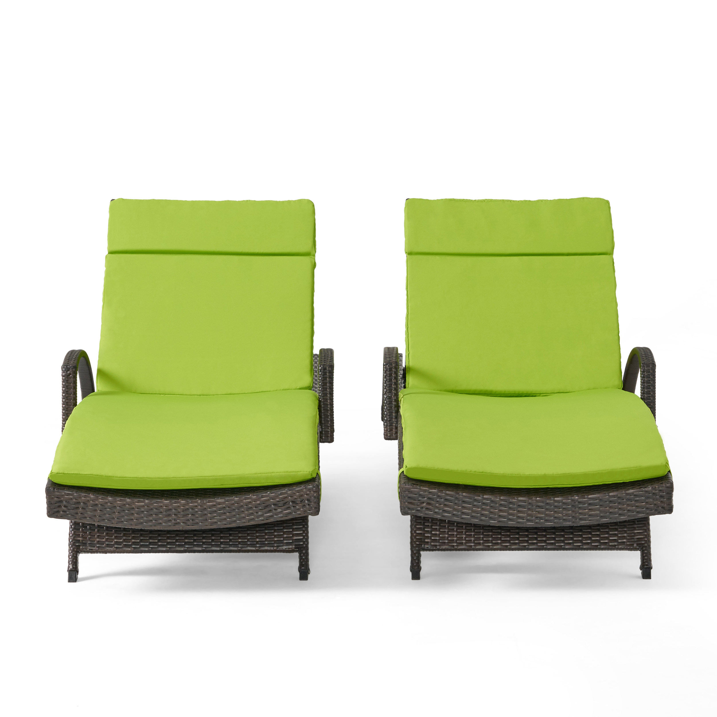 GDF Studio Olivia Outdoor Wicker Adjustable Chaise Lounges with Cushion, Set of 2, Multibrown and Green