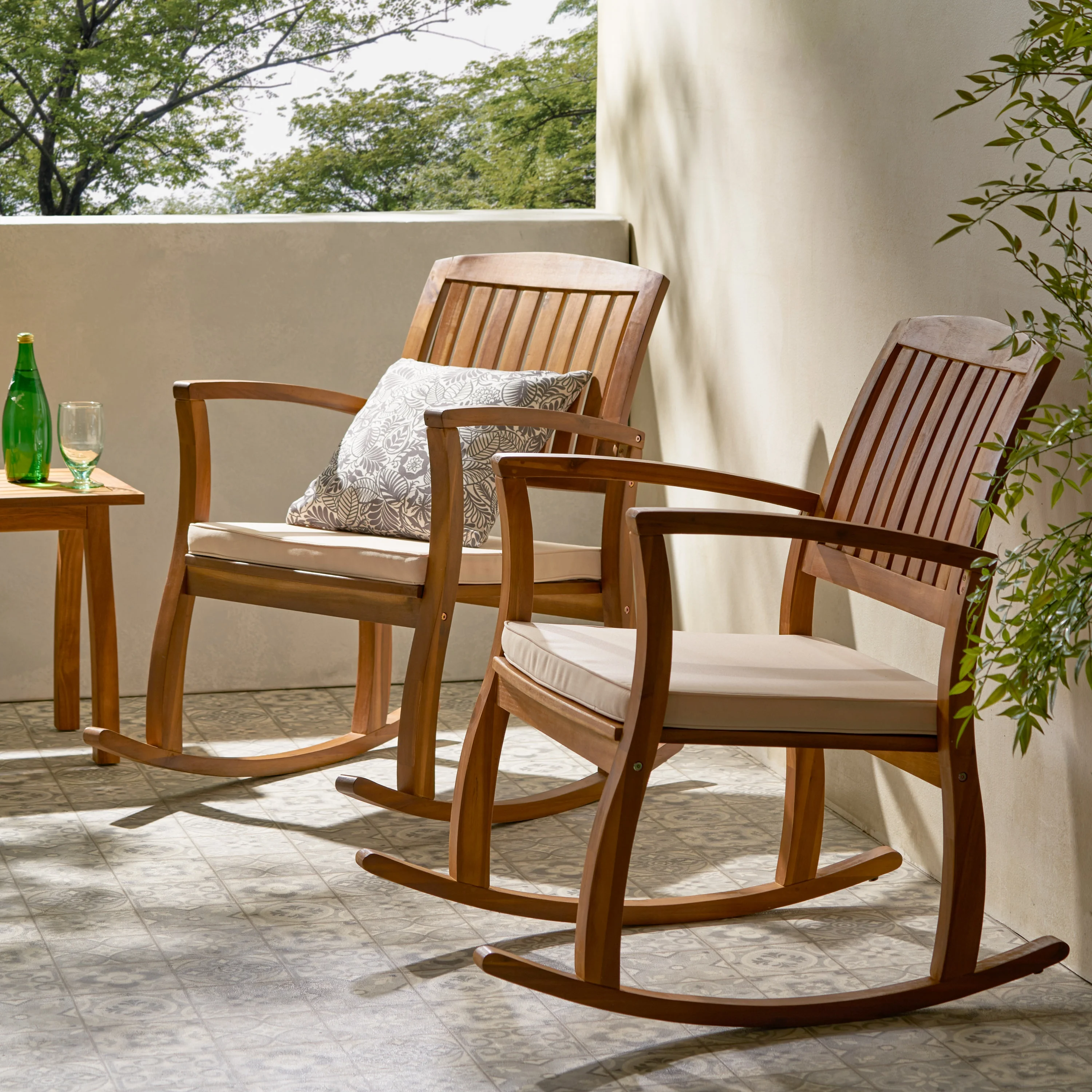 GDF Studio Amber Outdoor Acacia Wood Rocking Chair with Cushion, Set of 2, Teak and Cream Brown White