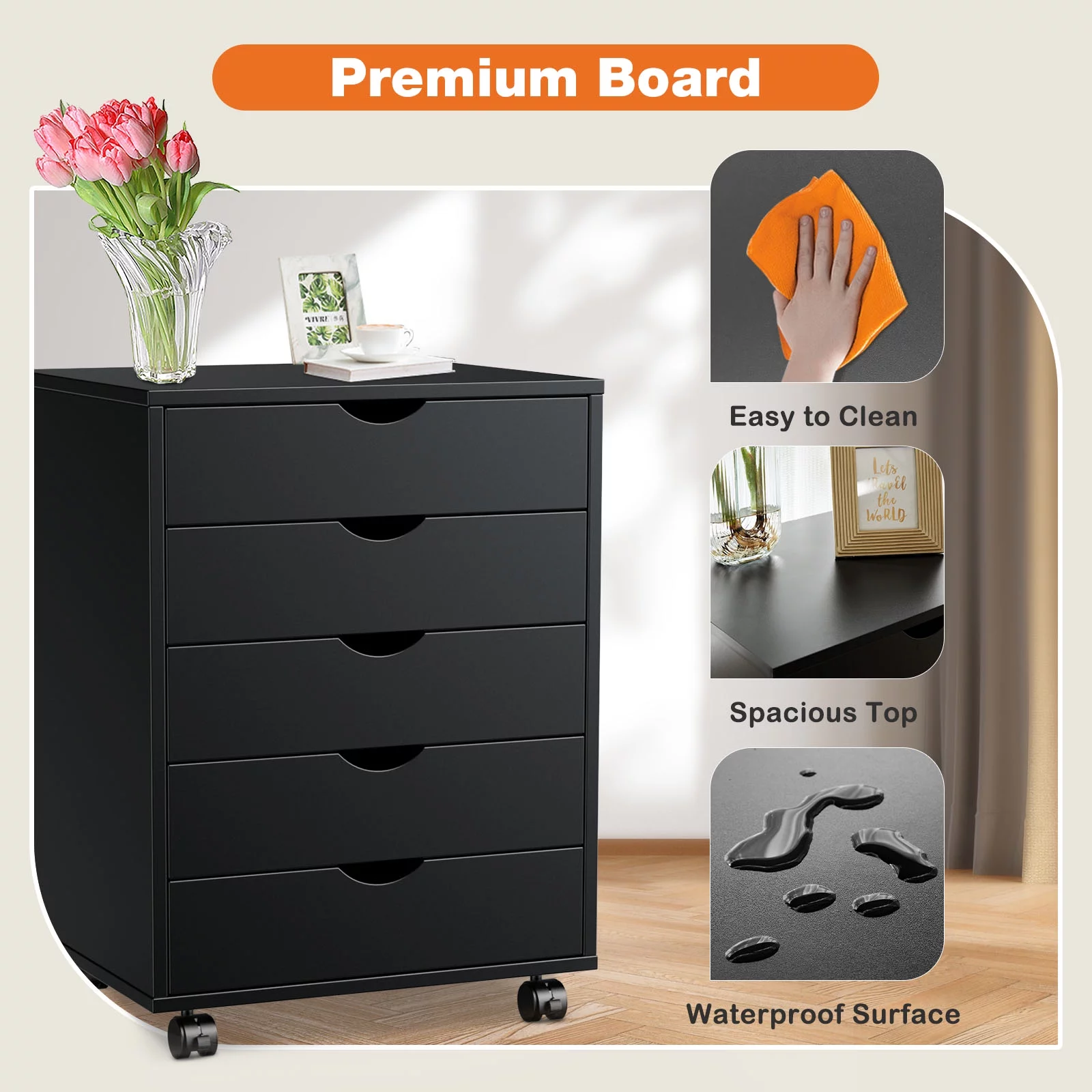 Cterwk 5 Drawer Chest Storage Wood Dresser Cabinet with Wheels Mobile Organizer Drawers for Office, Home