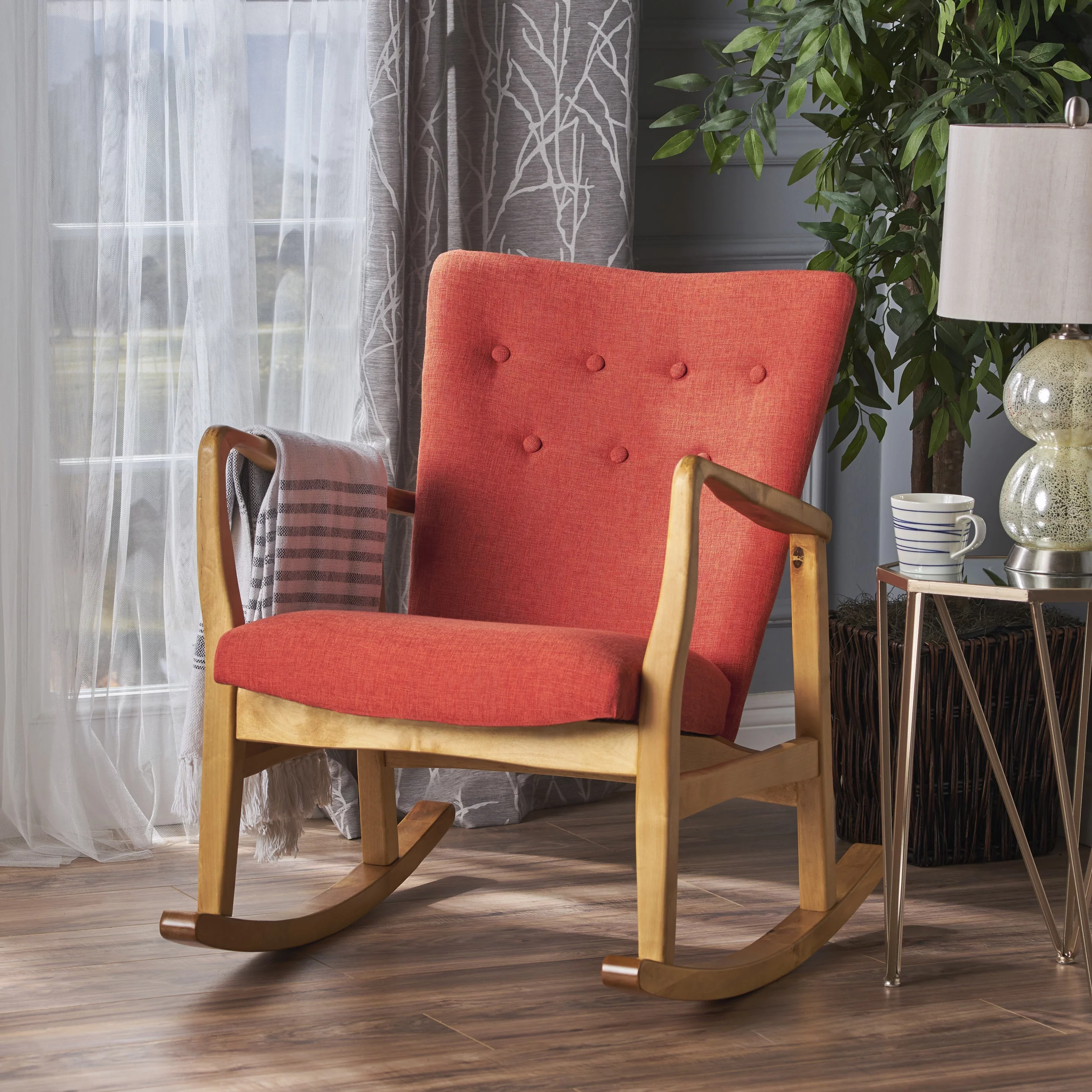 GDF Studio Suffolk Mid Century Modern Fabric Tufted Rocking Chair, Muted Orange and Light Walnut